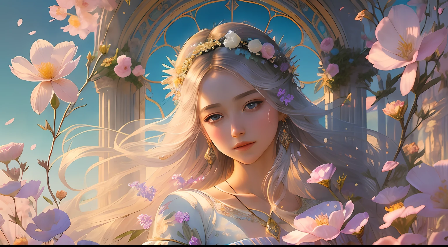 This artwork is dreamy and ethereal, with colors drawing inspiration from gentle watercolors, primarily pink. Generate a delicate and demure flower maiden with soft, realistic hair dancing in the breeze. Her sweet, realistic face is extremely detailed and has puffy, big lips and stunning, highly realistic eyes. Her eyes are important and should be realistic, highly detailed, and beautiful. The flower maiden is wearing delicate and elegant fabric of silk and satin. She is surrounded by beautiful flowers of varying sizes and colors and flower petals dancing in the wind around her. The background is detailed, wild, and unruly, with wildflowers and wind and pollen creating a dynamic and compelling image. She wears an ornately flowered headdress that enhances her soft beauty. Include a soft watercolor sky. Include fantasy details, enhanced details, iridescence, colorful glittering wind, and pollen. Pay special attention to her face and make sure it is beautifully and realistically detailed. The image should be dreamy and ethereal.8k, intricate, elegant, highly detailed, majestic, digital photography, art by artgerm and ruan jia and greg rutkowski, (masterpiece, finely detailed beautiful eyes: 1.2), hdr, realistic skin texture, ((fantasy00d:1)), rays of light, ornate flowers, dew drops, sunlight, hazy rays of sun, flowergateway style, castle, palace, archway, flowers, growing