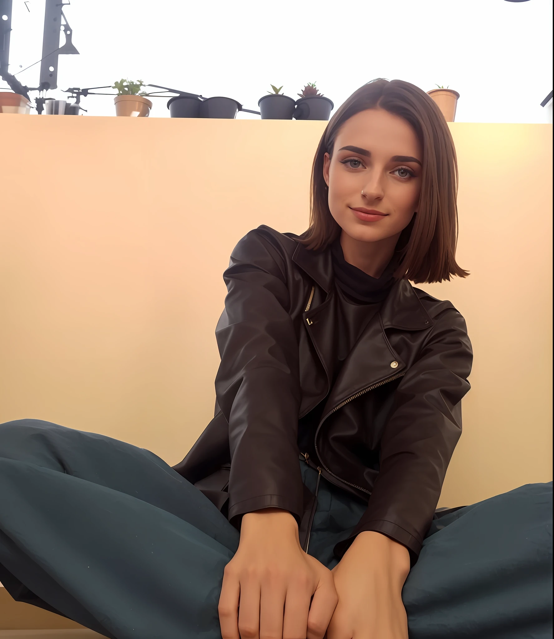 Araffe woman sitting on the floor with her legs crossed, Anastasia Ovchinnikova, Alina Ivanchenko, Viktoria Gavrilenko, Retrato Sophie Mudd, Anna Nikonova aka Newmilky, Pose casual, Ana Nikonova, Madalena Radziej, vestido com jaqueta de couro curta, Angelina Stroganova, Taran Dasha, Maia Sandu Hiper-realista
