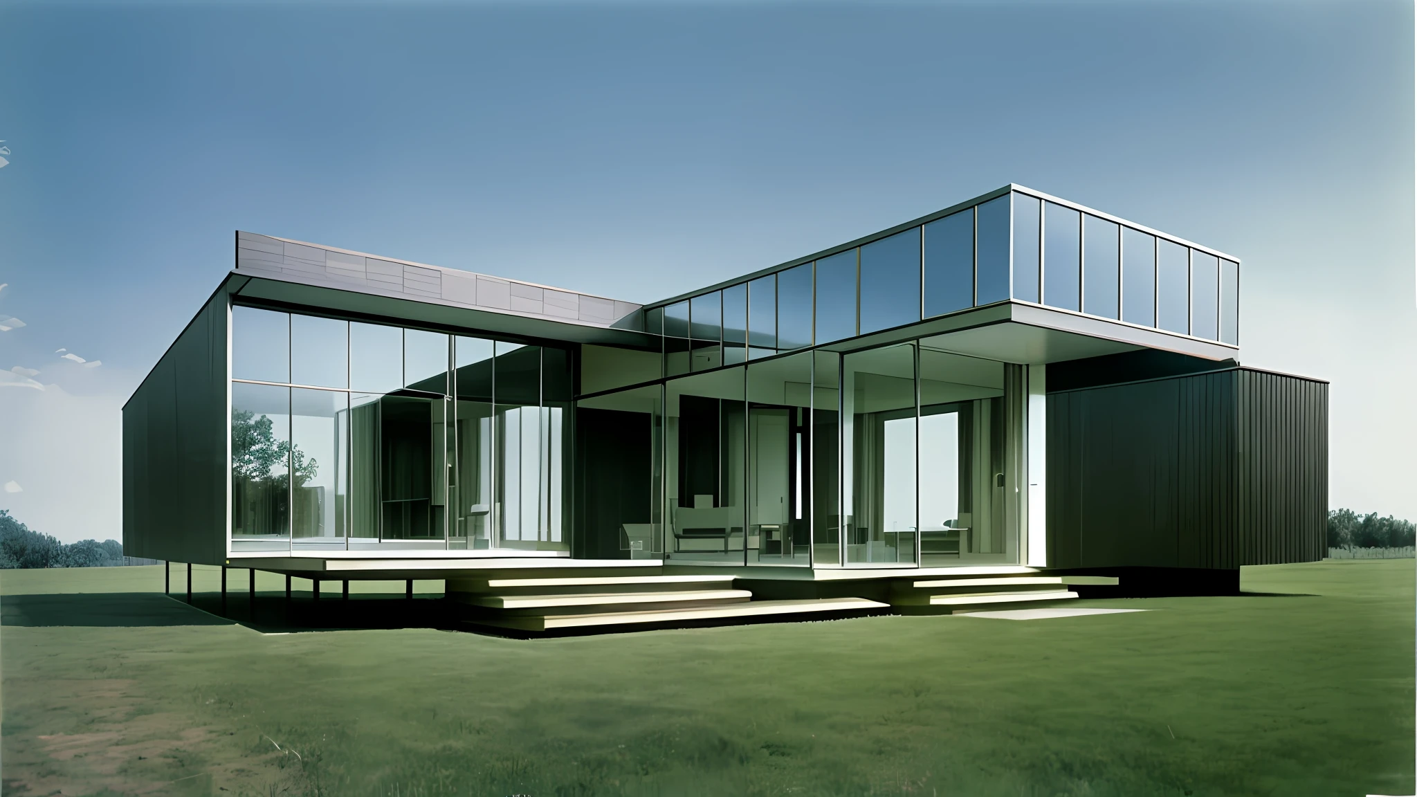 Ludwig Mies van der Rohe, house with glass and mirrors and grid columns, light and modern and transcendent, photographed by Ezra Stoller, color photography --auto --s2