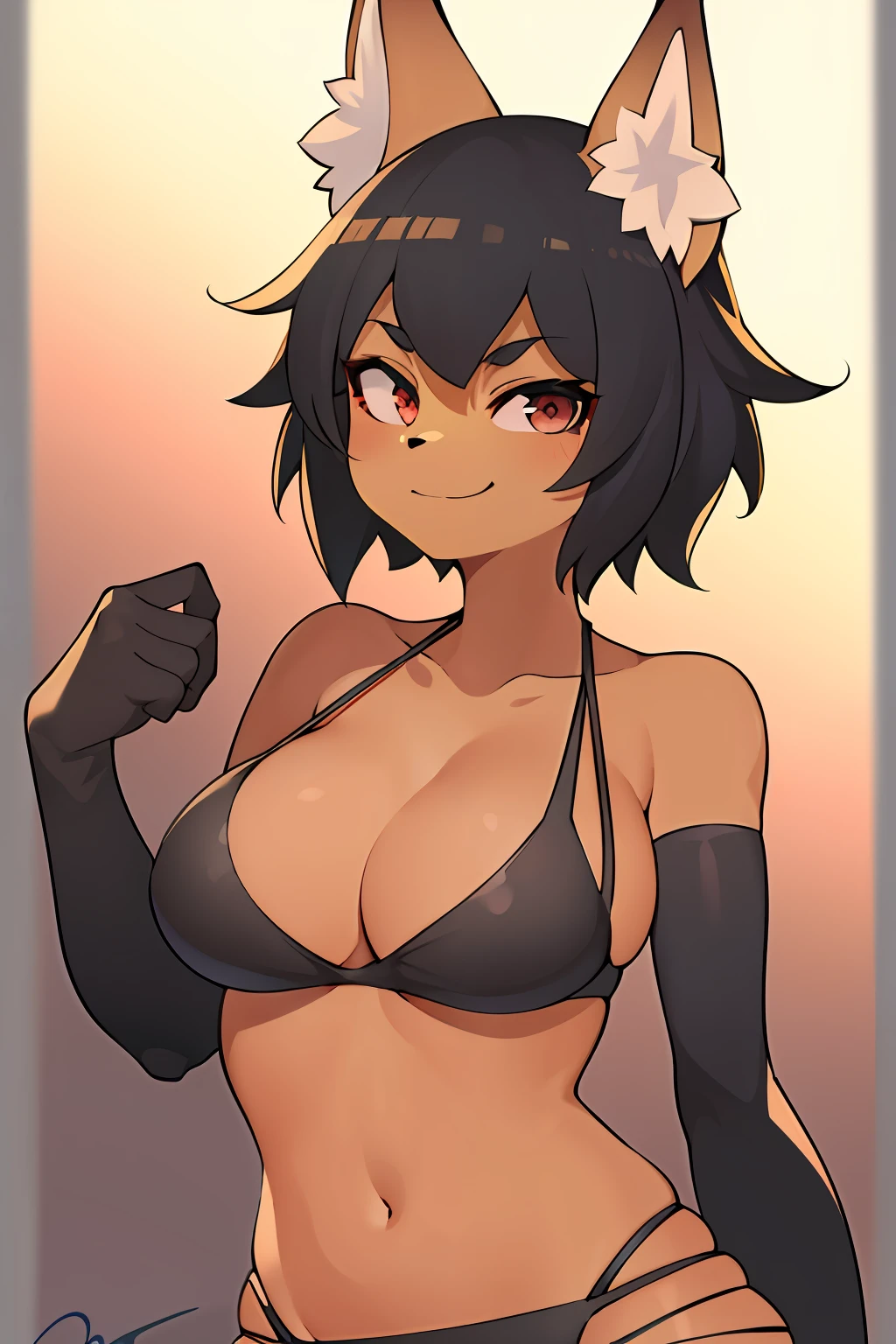 best quality, masterpiece, solo, 1girl,  furry, portrait, anthropomorphic female Fox, punk outfit, torn clothes, anthro, smug smile, half-closed eyes, looking at the viewer, dyed hair, seductive look, short hair, black bikini