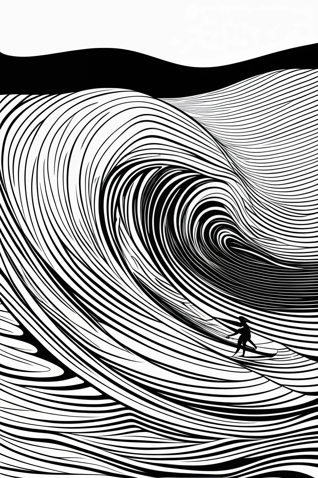 a black and white drawing of a surfer girl riding a wave, vector line - art style, illustration black outlining, illustration line art style, thick vector line art, line art portrait, exquisite line art, line art illustration, in style of digital illustration, vector line art, outlined art, vector style drawing, bold line art, glowwave girl portrait, thin line art