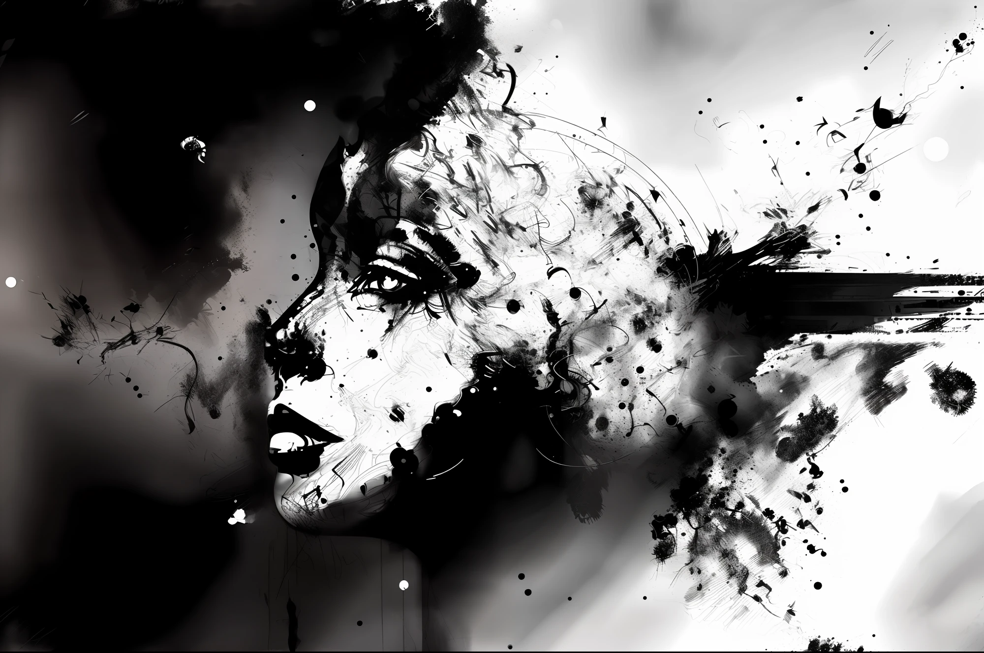 a black and white photo of a woman's face with a splattered background, black and white vector art, black and white ink style, black and white artwork, vector ink drawing, abstract portrait, portrait digital art, ink artwork, black & white art, high contrast illustration, detailed face of a woman, detailed face background detail, dark but detailed digital art