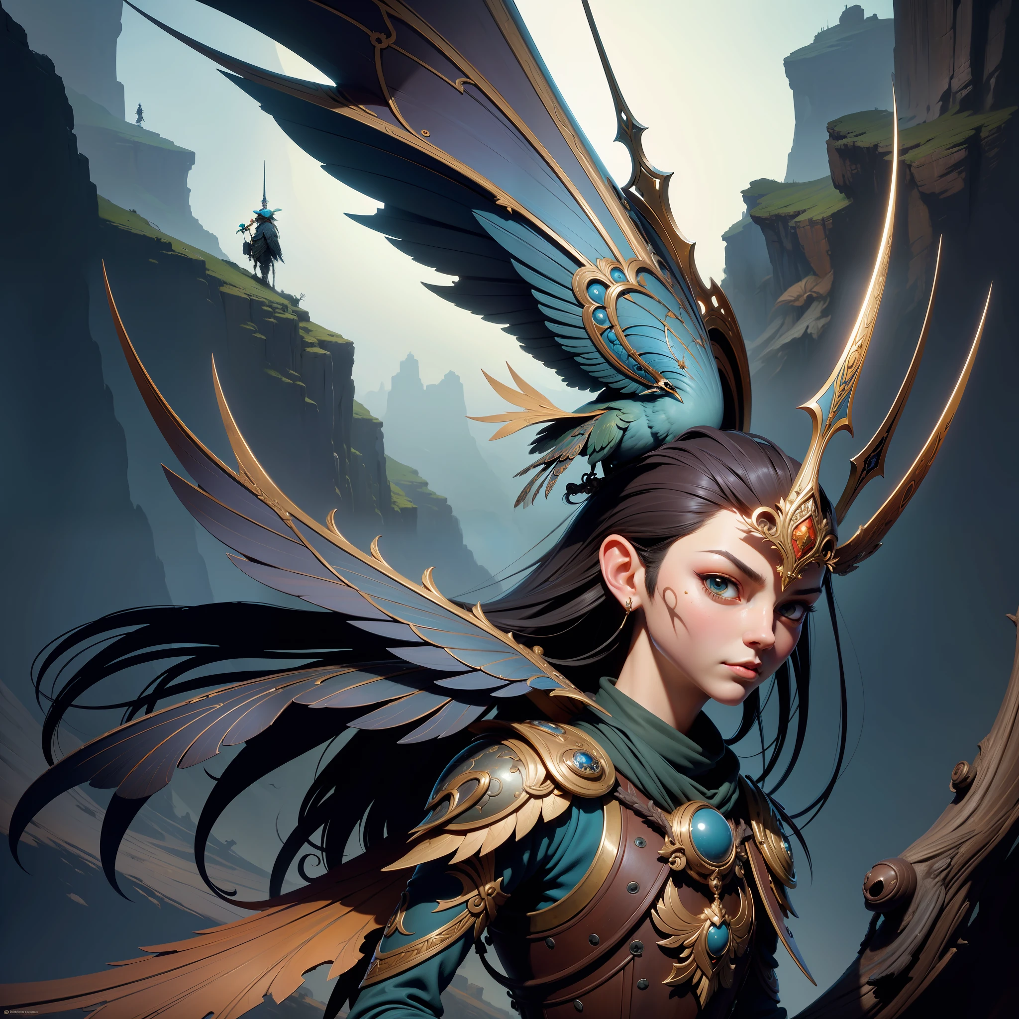 (masterpiece:1.2), original, masterpiece, best quality, official art, painting of a bird with a sword and armor on a branch, style of greg simkins, benjamin lacombe, inspired by Brian Despain, shaun tan and peter mohrbacher, andrews esao artstyle, !!!esao andrews!!!, esao andrews : : ornate, 4 k detail fantasy, highly detailed surrealist art, by Galen Dara, lan mcque