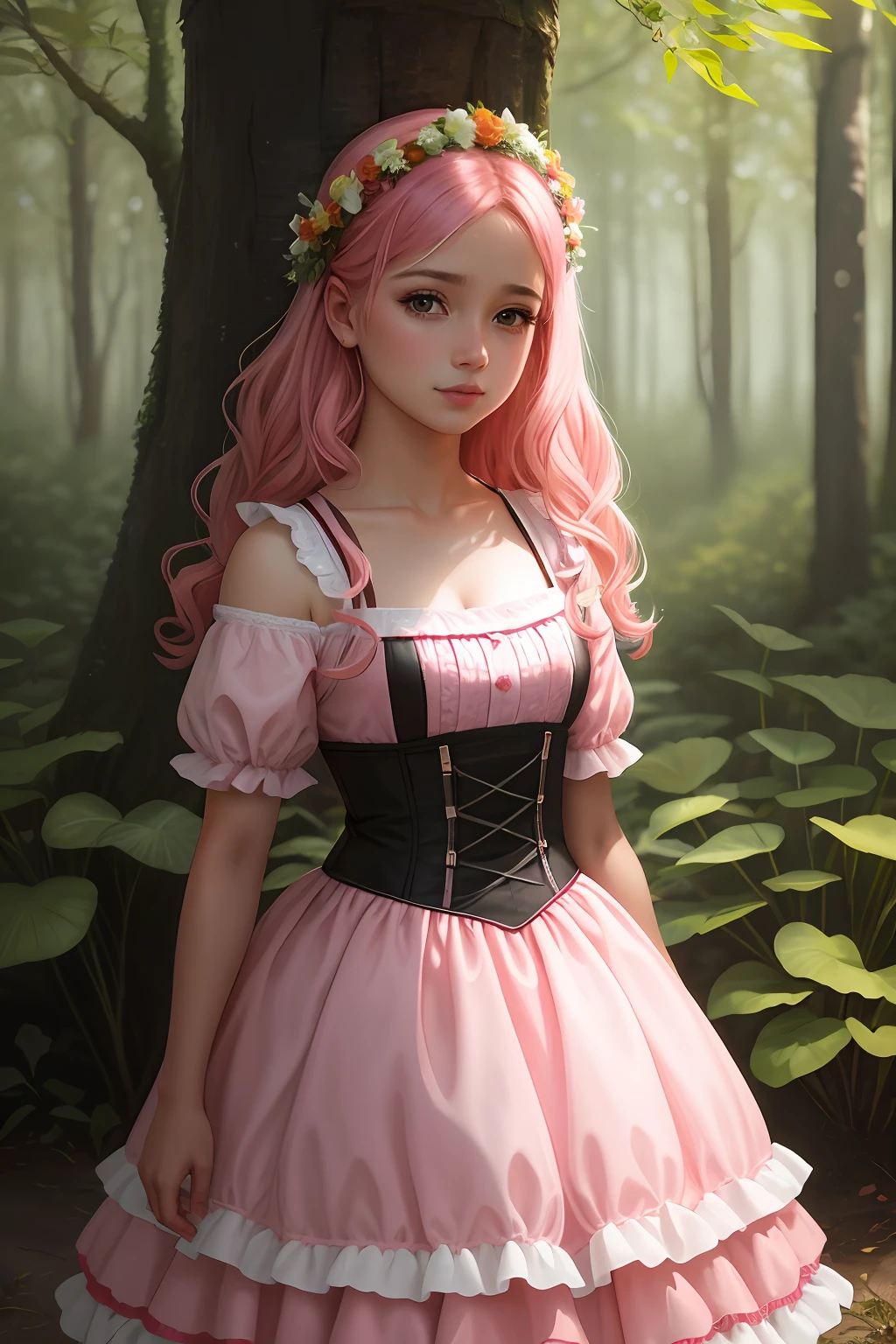 obra-prima, melhor qualidade, alta qualidade, papel de parede 8k extremamente detalhado da unidade CG, uma cena encantadora e sonhadora de uma floresta de fantasia, with tall trees, cogumelos brilhantes e vales de fadas ocultos, Uma de 6 anos feliz, vestida de barbie rosa, passeando na floresta, creating a sense of mystique and enchantment, Artistic Station, digital illustation, intrincado, trend, pastels colors, oil-painting, fotografia premiada, Bokeh, profundidade de campo, HDR, flor, chromatic aberration, fotorrealista, extremamente detalhado, trending on ArtStation, trend at CGSociety, intrincado, alto detalhe, Dramatic, arte no meio da jornada