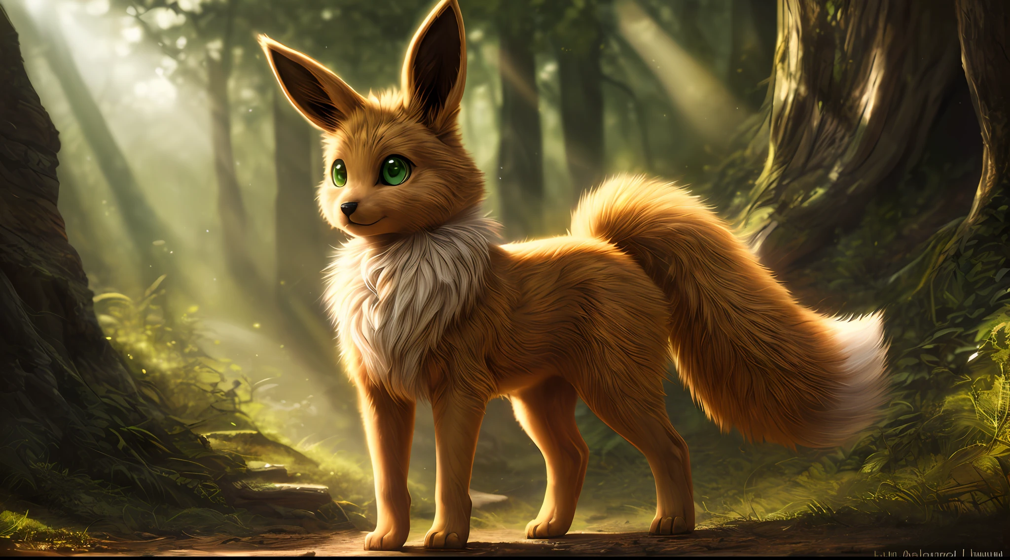 " mushroom girl riding on a fox"，Solo ((feral eevee)) with ((Golden body)) and (white neck tuft) and ((Fluffy tail)) and ((clear green eyes)), (Detailed wild golden fox Eve), (Detailed lighting), (Detailed golden fox fur), Break, (Cinematic lighting), ((Detailed background)), ((Depth of field)), (half body shadow), ((Sunlight)), Break, ((Intricate, High detail, Film photography, Sharp focus, RAW candid cinema, Realistic, Photorealistic, analogue style, Subsurface scattering, Masterpiece, Best quality, Ultra photo realsisim, 8K))，