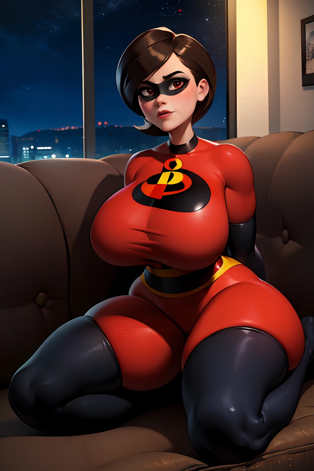 masterpiece, best quality, ultra high res, beautiful detailed hair detailed face, perfect feminine face, an anime drawing inspired by Torii Kiyonobu I, pixiv, (((attractive Helen Parr))), The Incredibles, ((gigantic breasts:1.5)), (huge cleavage), (bodysuit), (red bodysuit), latex, gloves, latex gloves, elbow gloves, mask, skin tight, (sitting down), cross-leg sitting on the couch, (night sky on windows), art by sakimichan, george kamitani, akira yasuda