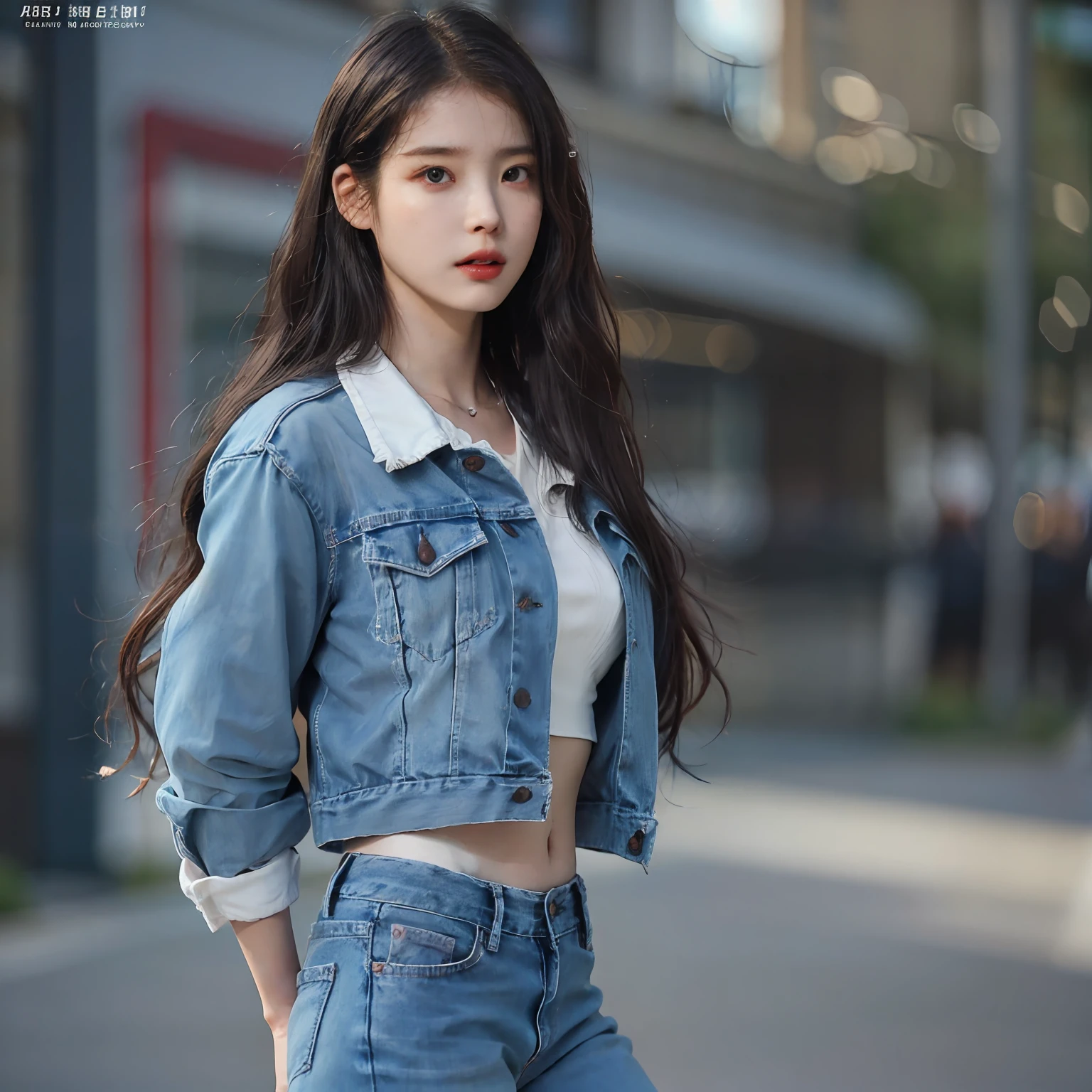 nikon RAW photo,8 k'',Fujifilm XT3,Photorealistic,Realistic, Solo, Photorealistic, Best quality, 超高分辨率, (skin spots:0.1) Serious expression, , Stand across from the school during the day, Jeans and denim jacket suit, Masterpiece, Best quality, Extremely detailed face, Perfect lighting, Solo,1girll, Sexy sight best quality, 超高分辨率, Photorealistic, Ultra detailed, Masterpiece, Best quality, IU1, Nice ass and figure, tiny body, Lee Ji-eun