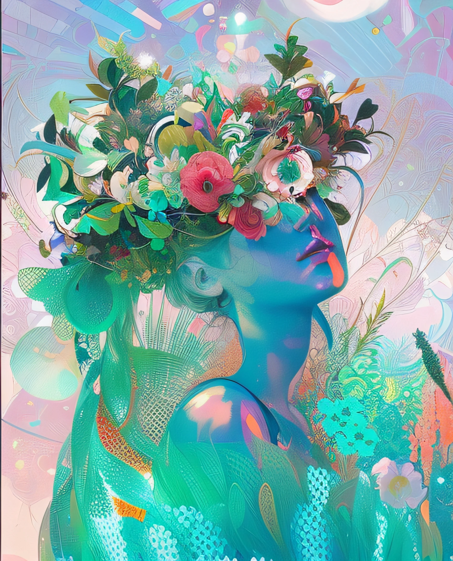 a close up of a woman with a flower crown on her head, beeple and james jean, beeple and alphonse mucha, beautiful glitch art dream, style hybrid mix of beeple, double exposure effect, beeple daily art, inspired by Alberto Seveso, colorful flat surreal ethereal, digital collage, psychedelic organic cyborg