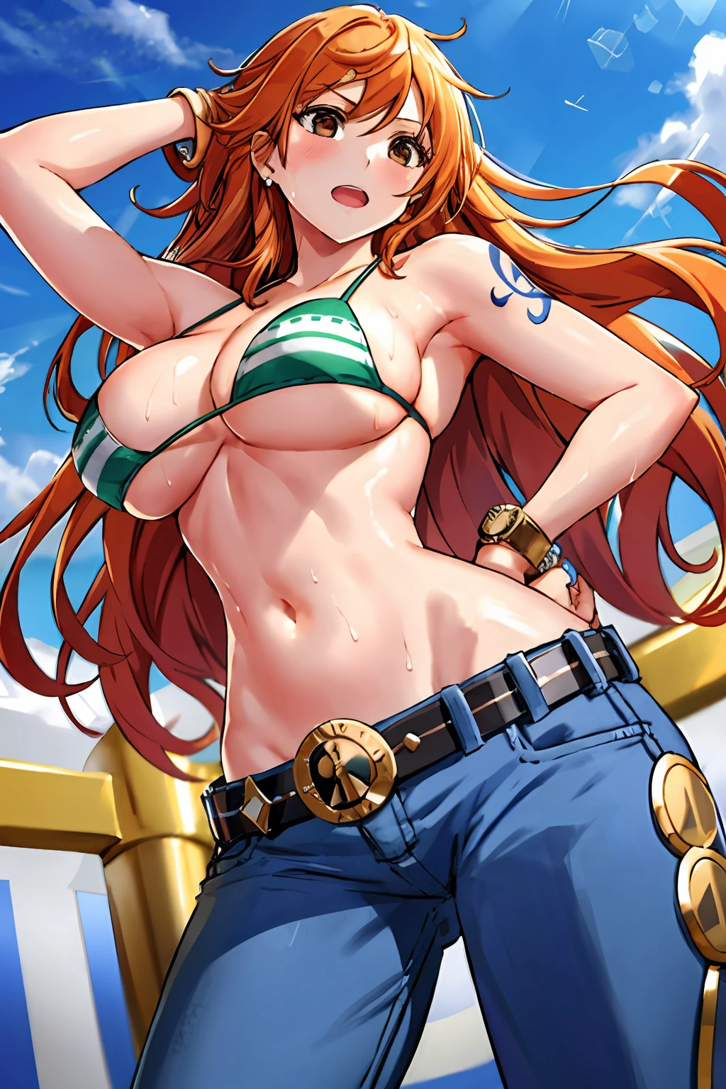 detailed background, masterpiece, 4k, epic, best quality, late youth, adult, wrestler body, wrestling, 1girl, active, energic, (large mouth) , solo, nami \(one piece\), 1girl, bangle, (very wet, yawning, drenched in sweat, sweat all over body, very wet hair, messy hair, tired, open mouth, exhausted, shouting, sweaty face, sweaty body, sweating too much, blushing, tilting head, shiny sweat, leaning, hands on hips, serious, glaring, open eyes, looking uo, perfect detailed face, round face, sweat on face) bold drawing lines, muscular arms, detailed bold arm lines, flat jaw, adult woman, wavy wide streaked bangs, floating bang, (big cheeks), bare shoulders, off-shoulders, belt, bikini, bikini top only, blue sky, bracelet, springy breasts, breast lines, big round eyes, very big brown shiny eyes, bubbles, high eye position, cleavage, cloud, day, denim, earrings, floating hair, shiny hair, green belt, green bikini, bold groin lines, jeans, jewelry, medium breasts, log pose, long hair, looking at viewer, big navel, wet hair, orange hair, pants, shoulder tattoo, sidelocks, sky, solo, standing, stomach, swimsuit, tattoo , looking at viewer, open mouth, detailed left arm, big forehead, hourglass figure, small head, toned body, wide hair, wind effect, sun effect, under the sun, narrow small ears angle, older, random poses,