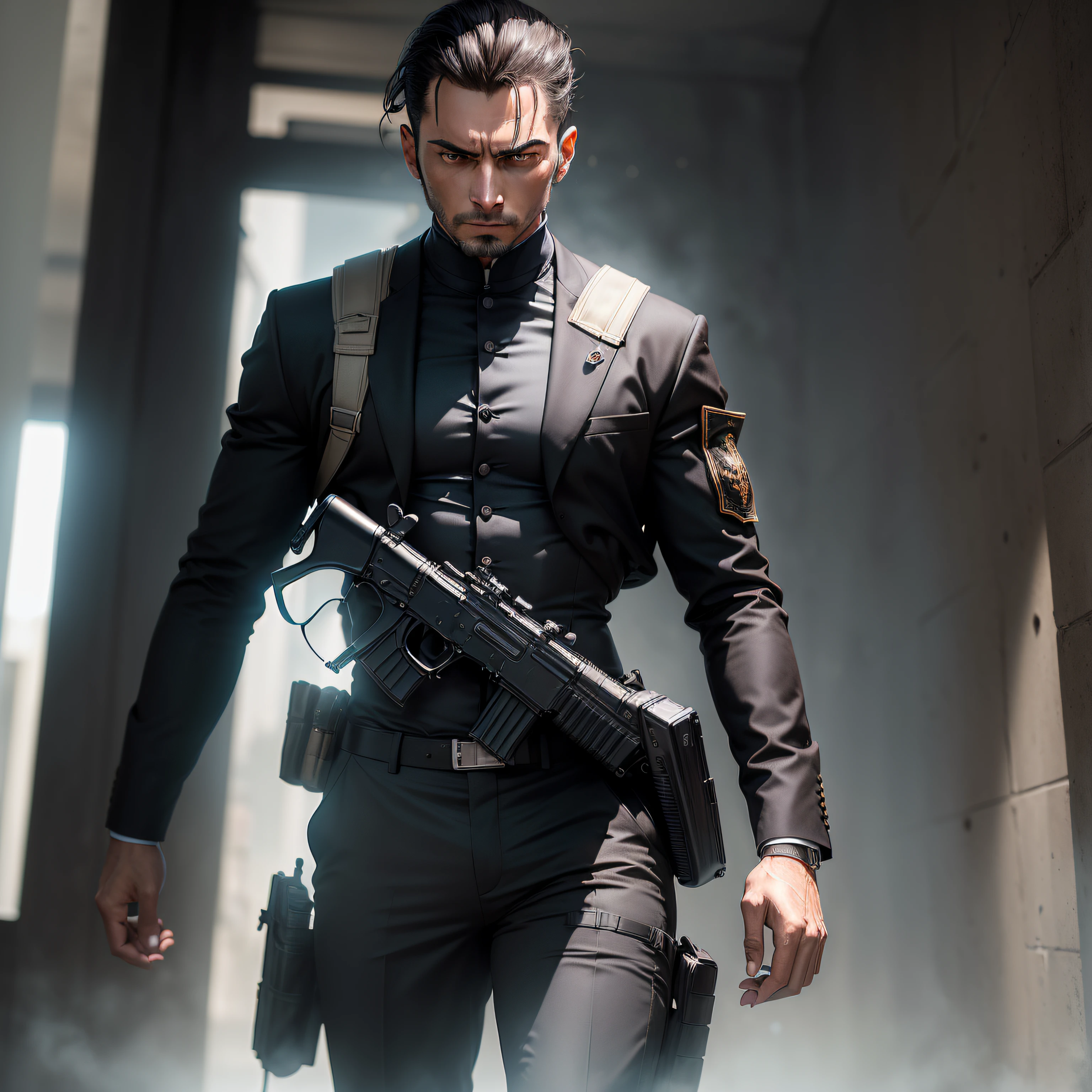 ((Obra maestra, Mejor calidad)), illustration, 8K ultradetallado, (hombre de traje sosteniendo AK47: 1.9) (enfatizando el contraste entre el desgaste formal del hombre del traje y la presencia de armas poderosas: 1.8) (highlighting the AK47's sleek design and menacing appearance with its unique shape and black finish: 1.8) (que representa a personas sosteniendo AK47, mostrando su confianza y control: 1.9) (Creating a gorgeous background: 1.7)