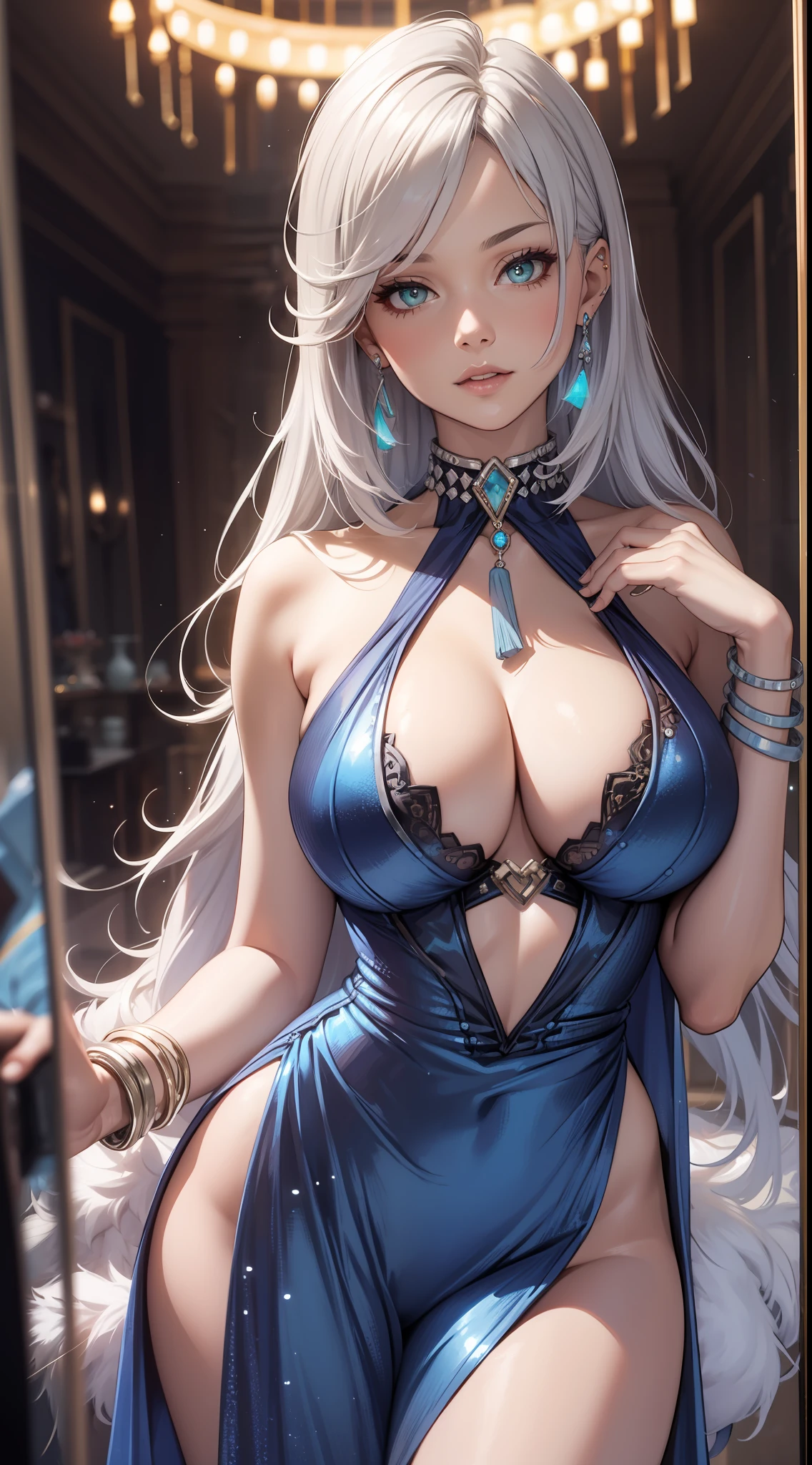 Best quality, masterpiece, realistic, Beautiful sexy cool tall, slim, fit woman, wearing sexy short fancy silver-blue sequin party dress, intricate and highly detailed, cleavage, long silver hair, body chain, jewelry.