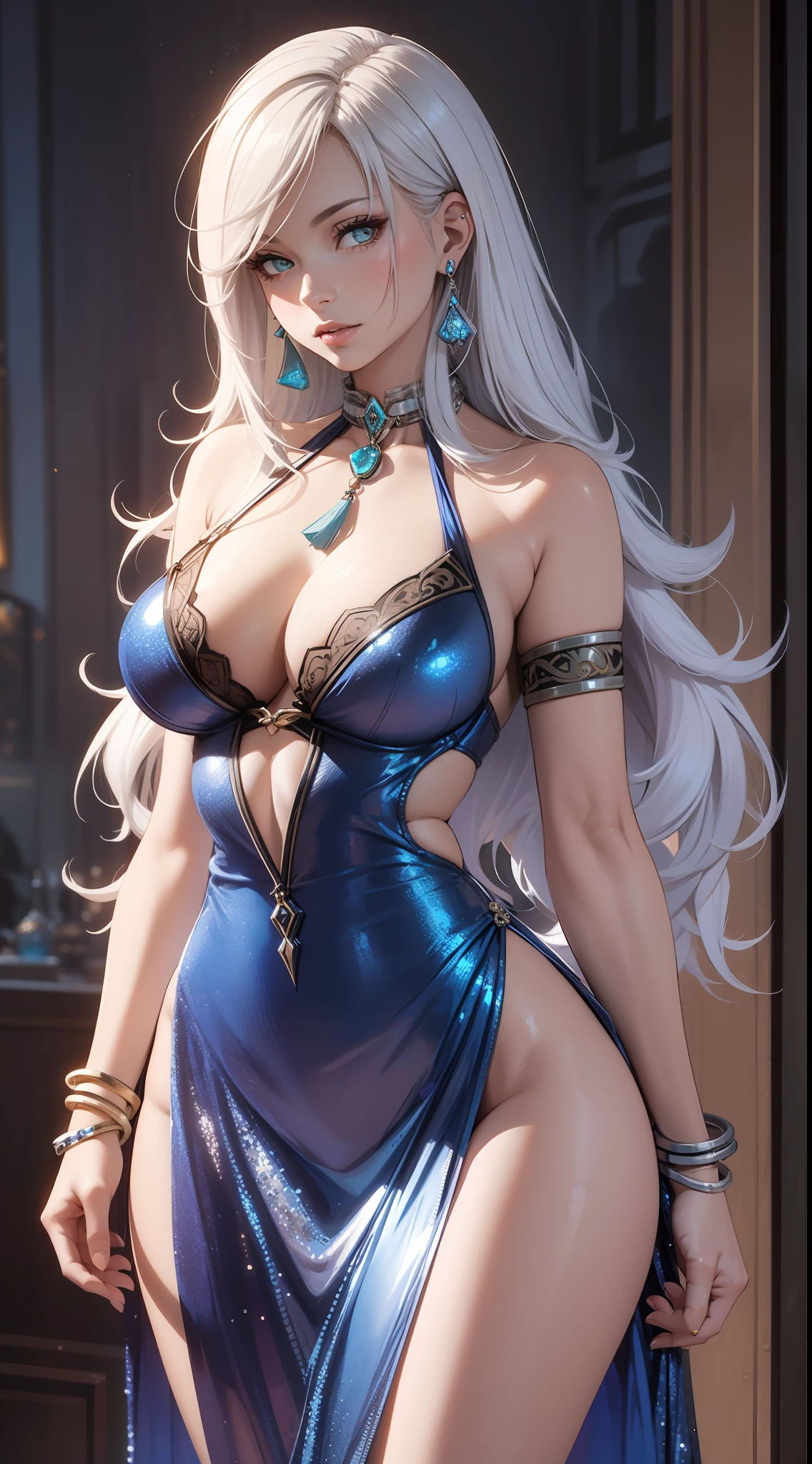 Best quality, masterpiece, realistic, Beautiful sexy cool tall, slim, fit woman, wearing sexy short fancy silver-blue sequin party dress, intricate and highly detailed, cleavage, long silver hair, body chain, jewelry.