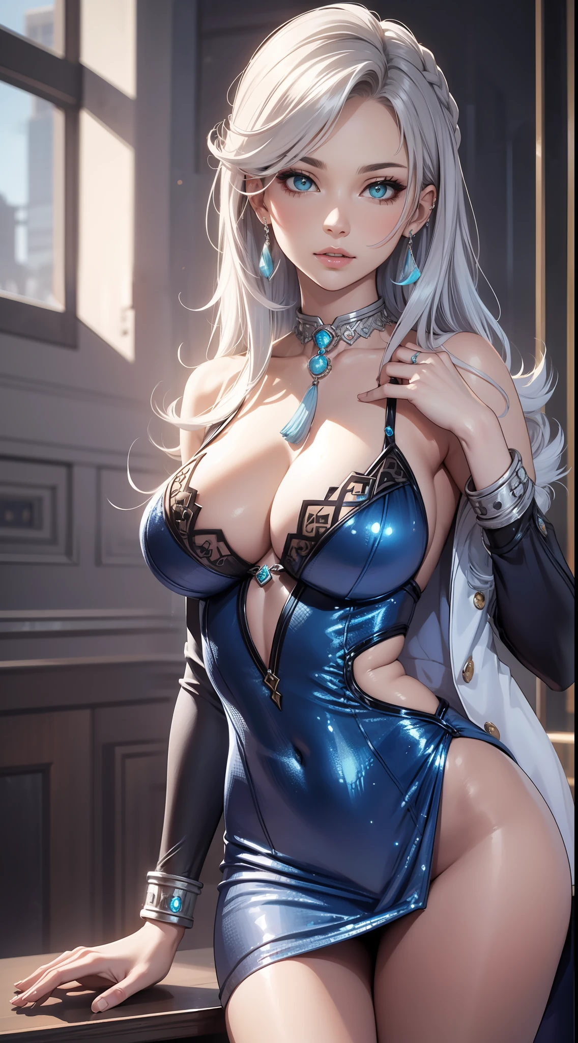 Best quality, masterpiece, realistic, Beautiful sexy cool tall, slim, fit woman, wearing sexy short fancy silver-blue sequin party dress, intricate and highly detailed, cleavage, long silver hair, body chain, jewelry.