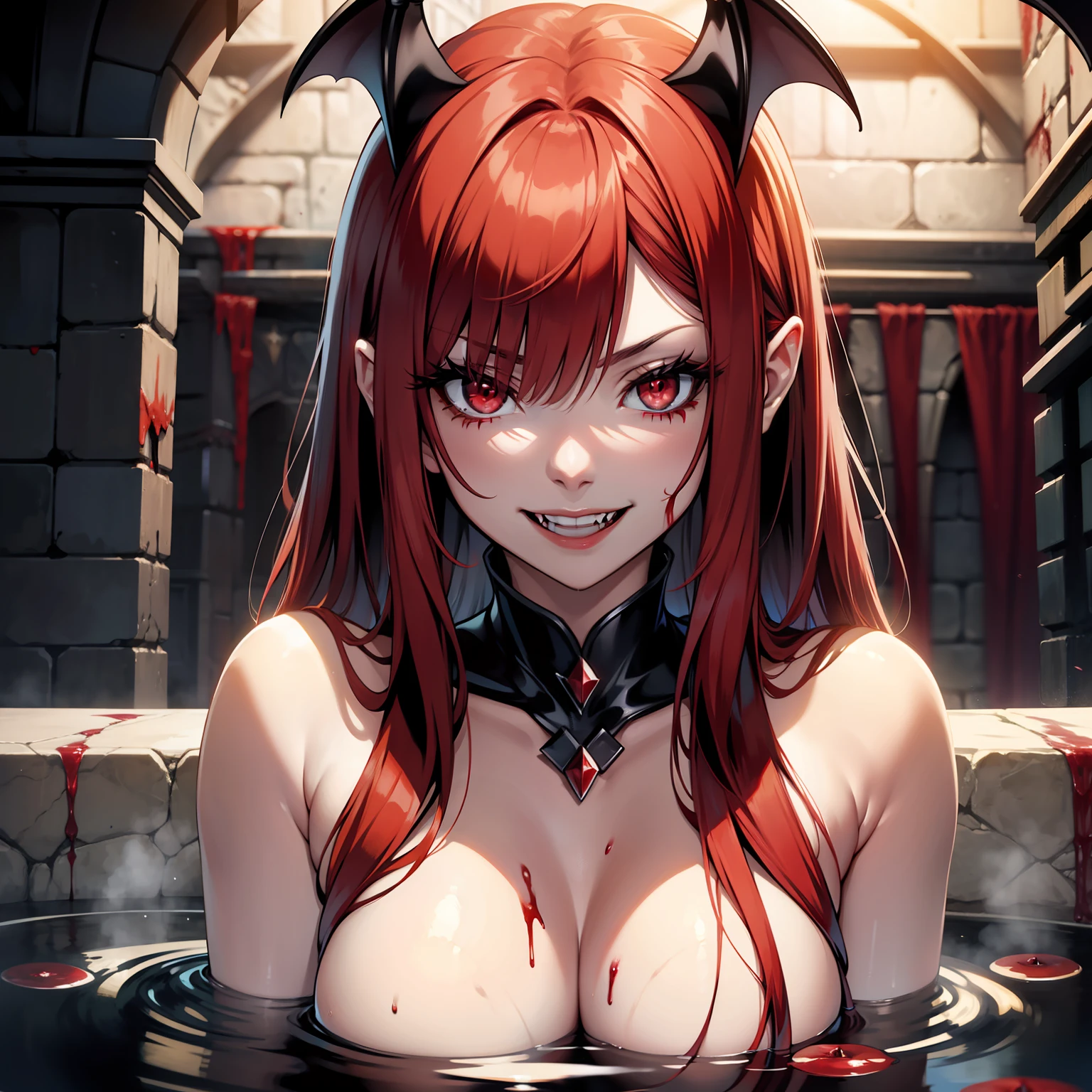 vampire, redhead woman, red eyes, naked,ahegao face, smiling, bath of blood, blood pool, vampire tooth, 4k,