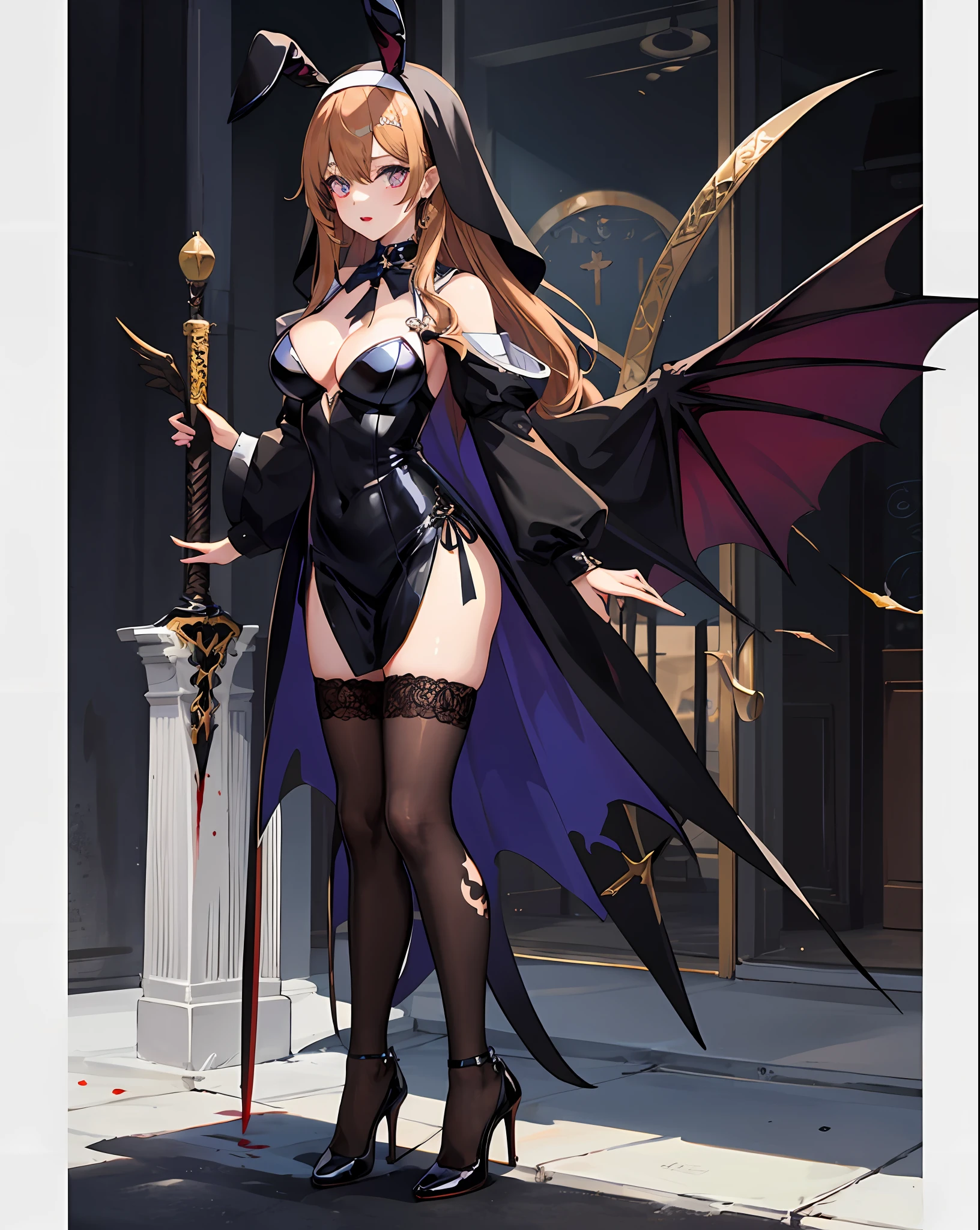 1girll，，Wings，
exteriors，the street，view over city，Demon tail，
Place your left hand on your chest，venom symbiote，venomize，natta，high-heels，Violet blue clothes，Black and white high heels，Pattern，decor，Golden hair，Brown hair，lewd nun，frilld，Lace trim，Clothing style, Clothing prints，Bangs trimmed，The wand rested between his thighs，Translucent skirt，standing on your feet，eyes glowing，Raised sexy，lipsticks，art-deco，Venom clothes，Cross stickers，Rune stockings，bunnygirl，With the holy sword，Collar，Insertion into the ，Cross leg ring，Blood，banknotes，Masturbation，Bow knot，drools，White liquid，tilt，Dream Demon Eye decoration