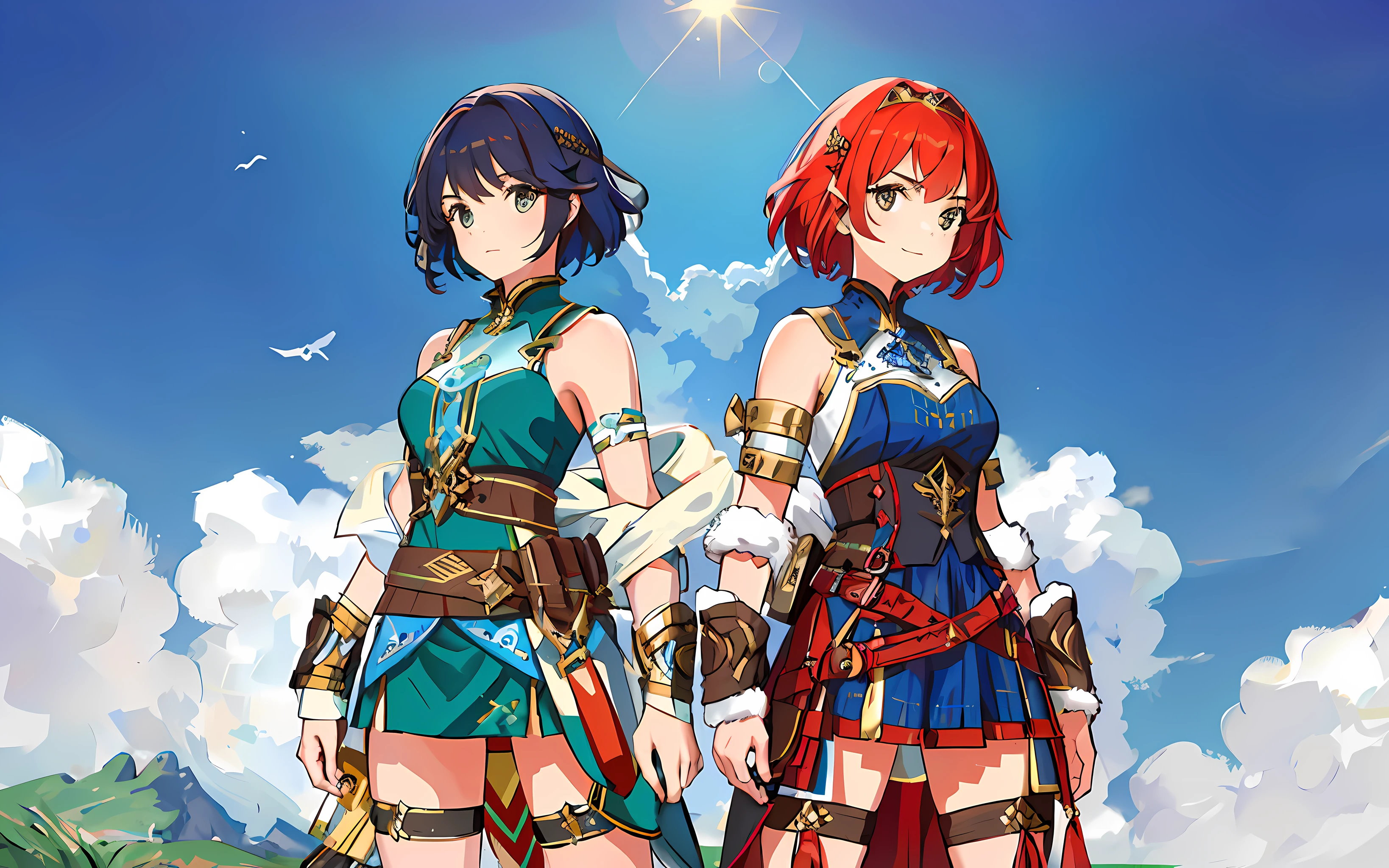 ((best quality, masterpiece)),warrioress,2girls,Twin sisters,More original clothing,cool,The characters are in front of the picture,short detailed hair_lora_more_details_05_