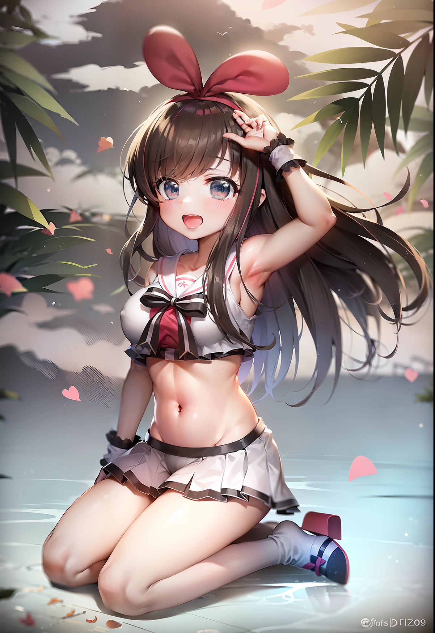 Make a masterpiece of kizuna ai, usando um biquini, umbigo exposto, barriga exposta, coxas macias, seios enormes, olhar fofo, na praia.