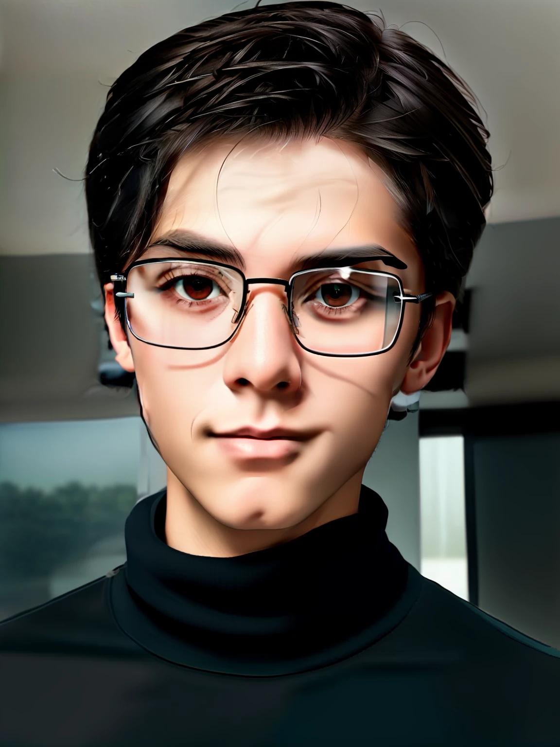 Man in glasses and a turtleneck sweater sitting on a couch, imagem frontal, em torno de 1 9 anos, 18 anos, Alex, jewish young man with glasses, 1 6 anos, Riyahd Cassiem, imagem de qualidade muito baixa, staring directly at camera, Mohamed Chahin, With eye Glasses, with glasses on, foto de perfil profissional