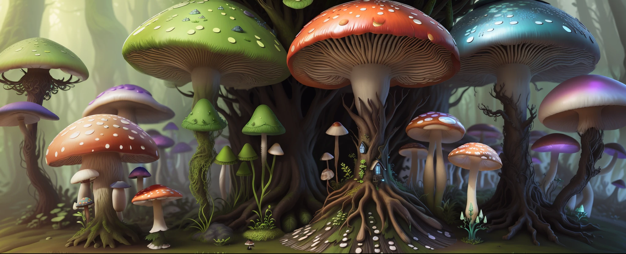 Close-up of a bunch of mushrooms in the forest, mushroom city, Mushroom forest, cyber mushroom city, mushroom house, forest made of mushrooms, mushroom trees, Stylized concept art, mushroom house, 3 d render stylized, Mushrooms are everywhere, Detailed digital 2D fantasy art, houses in the shape of mushrooms, magical fantasy 2 d concept art