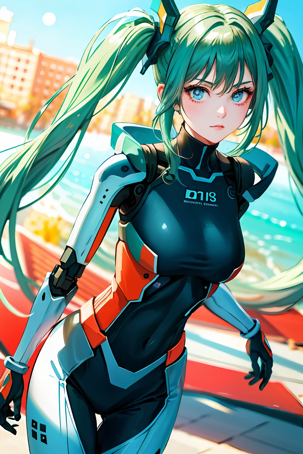 (highres, best quality:1.2), radiance, soft contours, beautiful drawing, 1girl, cowboy shot, (soft focus:1.5) on the Foreground, (Bokeh-filled Foreground:1.2), Shallow Depth of Field, Delicate Blur, Subtle Transitions, Depth and Atmosphere, masterpiece,ultra realistic,32k,extremely detailed CG unity 8k wallpaper, best quality, green twintails, big eyes, cosmic, white android, robot, neon, winter