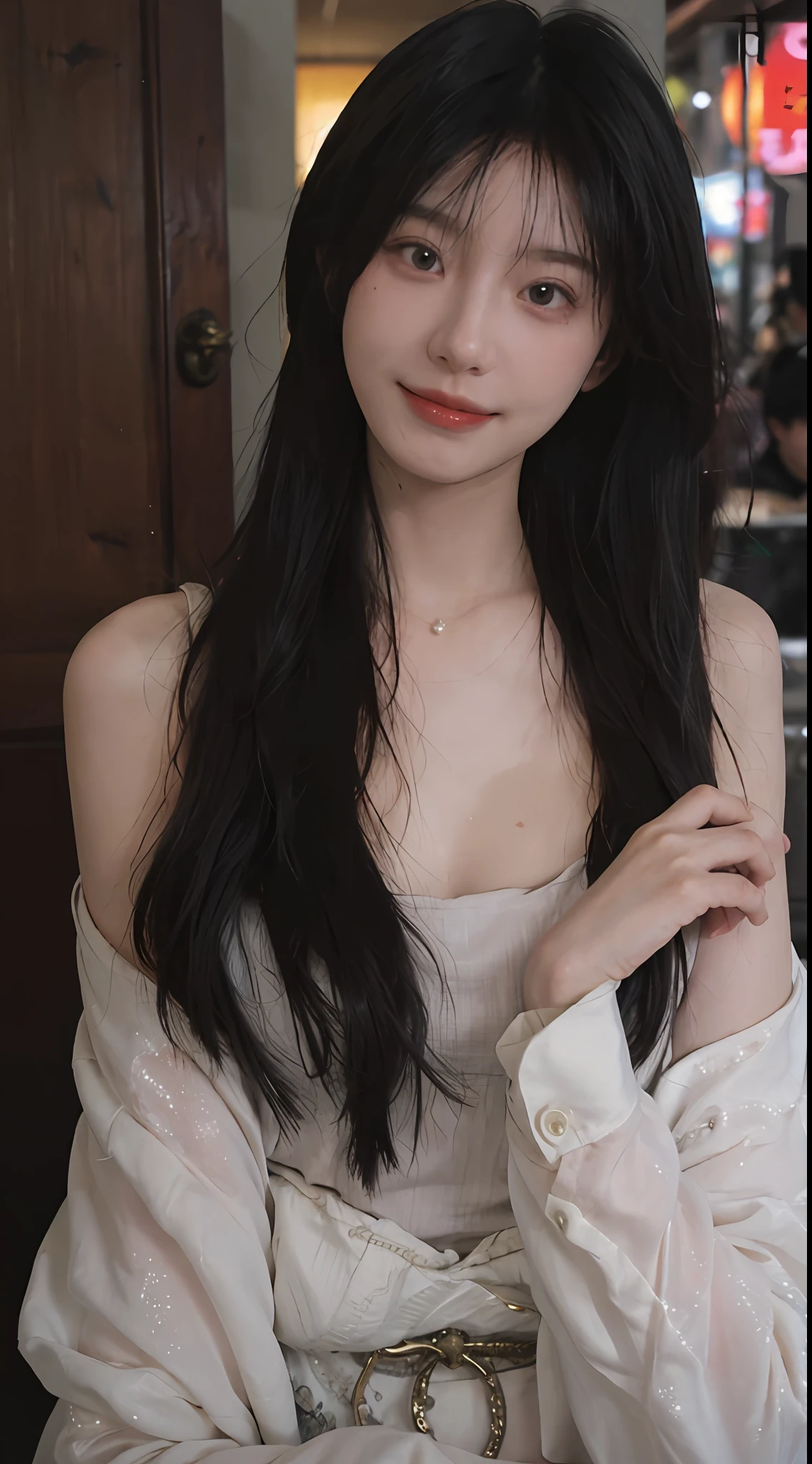 best qualtiy， 超高分辨率， （realisticlying：1.4），cute hairpin，Baoyu Girl，European style apartment，（flatchest：1.2） ，A pair of clear and moving peach blossom eyes,Royal Sister，sunshine on face，Big wavy hairstyle，（choker necklace：1.2），（Fair skin：1.4），a sense of atmosphere，a beauty girl， ssmile，head straight-looking at viewer， closeup cleavage ，(Photorealistic:1.4),1girll,Sexy,(Upper body:1.4),(Wet body),(:1.2)