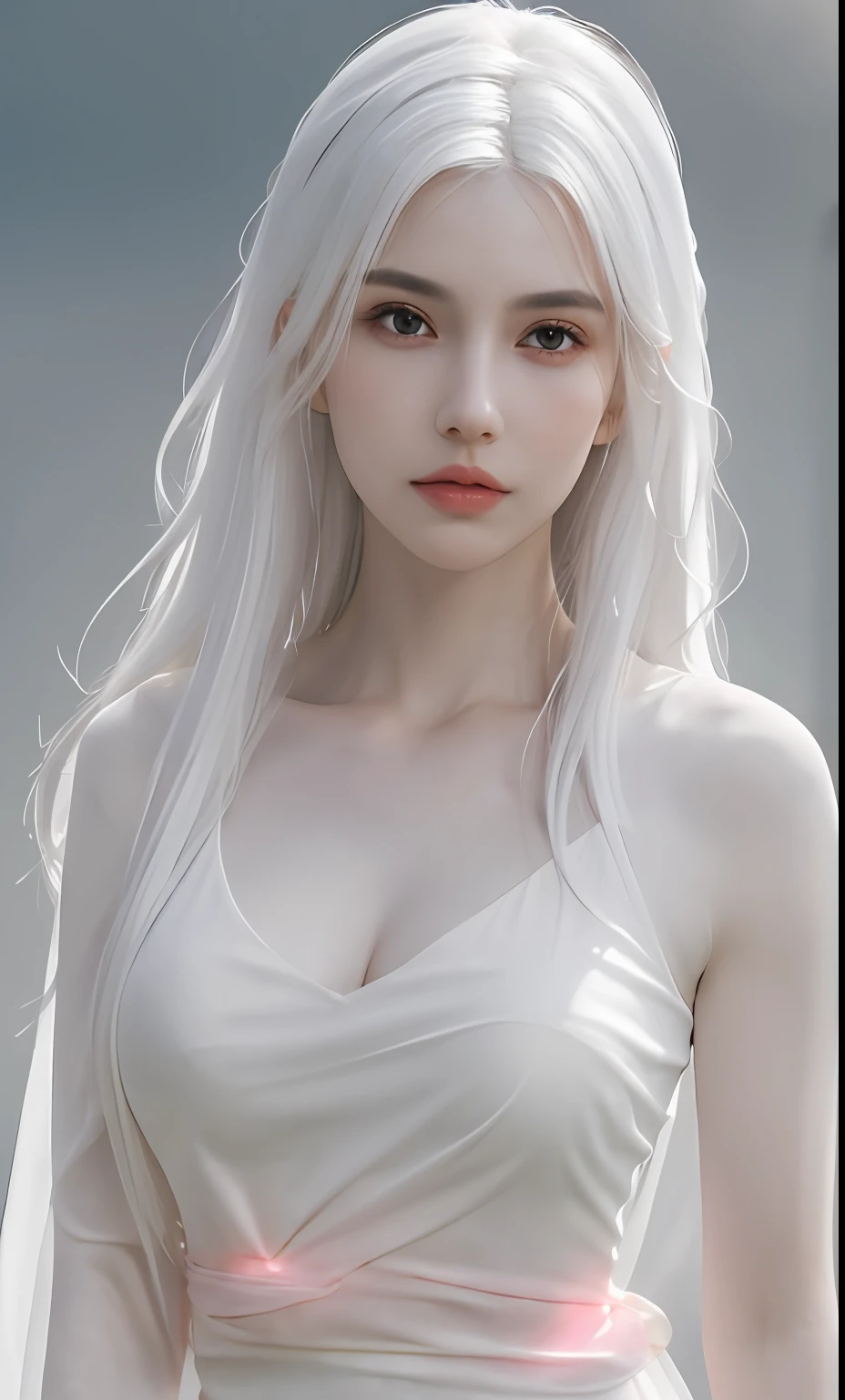 1girl, ((upper half body, narrow waist, waist, girl, white hair, long hair, black eyes)), (front view, from front), looking at viewer, Best quality, masterpiece, ultra high res, (photorealistic:1.4), 8k, clean, (incredibly absurdres, ultra-detailed,CG ,unity ,8k wallpaper), (detailed face :1.4),(beautiful detailed eyes :1.2),(detailed hair), light on face, cinematic lighting, perfect face, lips, adult, solo, Pink Sheer Dress, See Through, (( white skin, real skin, middle_breasts))