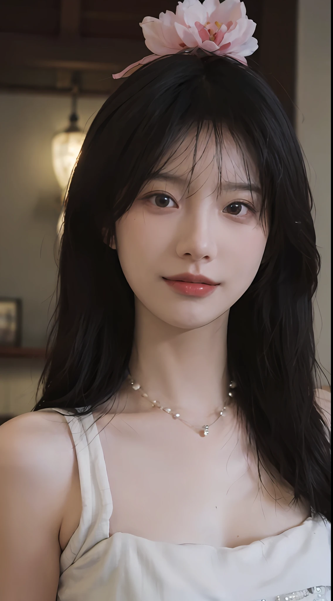 best qualtiy， 超高分辨率， （realisticlying：1.4），cute hairpin，Baoyu Girl，European style apartment，（flatchest：1.2） ，A pair of clear and moving peach blossom eyes,Royal Sister，sunshine on face，Big wavy hairstyle，（choker necklace：1.2），（Fair skin：1.4），a sense of atmosphere，a beauty girl， ssmile，head straight-looking at viewer， closeup cleavage ，(Photorealistic:1.4),1girll,Sexy,(Upper body:1.4),(Wet body),(:1.2)