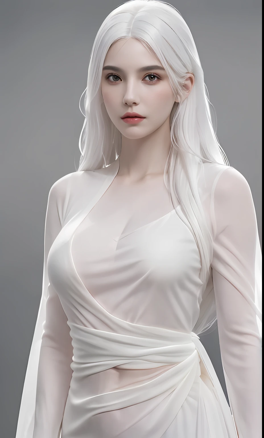 1girl, ((upper half body, narrow waist, waist, girl, white hair, long hair, black eyes)), (front view, from front), looking at viewer, Best quality, masterpiece, ultra high res, (photorealistic:1.4), 8k, clean, (incredibly absurdres, ultra-detailed,CG ,unity ,8k wallpaper), (detailed face :1.4),(beautiful detailed eyes :1.2),(detailed hair), light on face, cinematic lighting, perfect face, lips, adult, solo, Pink Sheer Dress, See Through, (( white skin, real skin, middle_breasts))