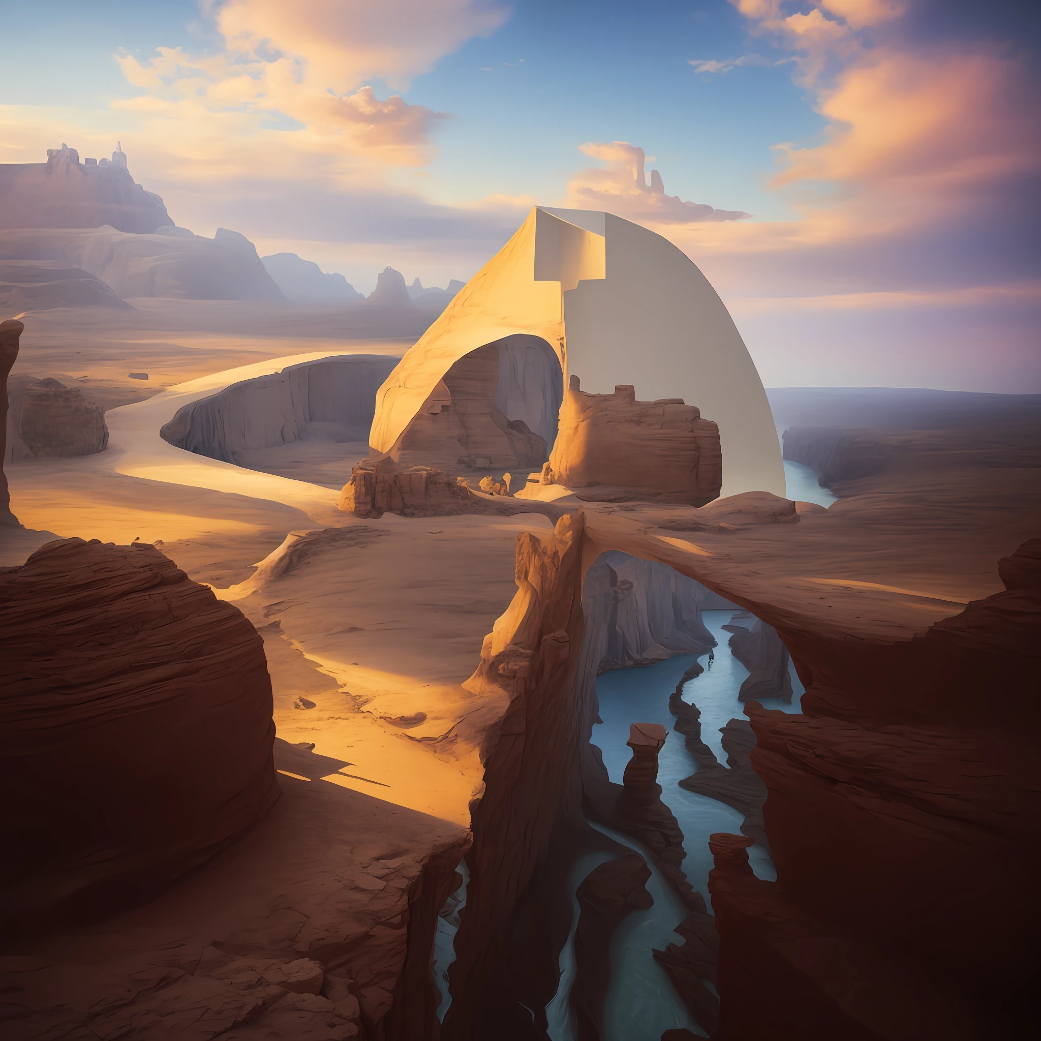 There is a path that passes through a barrier of rock formation, 3D render e pintura fosca, magic realism matte painting, illustration matte painting, Pintura fosca renderizada em 3D, Pintura fosca otimista, em pintura fosca, No estilo de arte de Filip Hodas, inspirado em Christo, pintura fosca surreal, Pintura fosca 3d, Pintura fosca 8K, Pintura fosca 8k