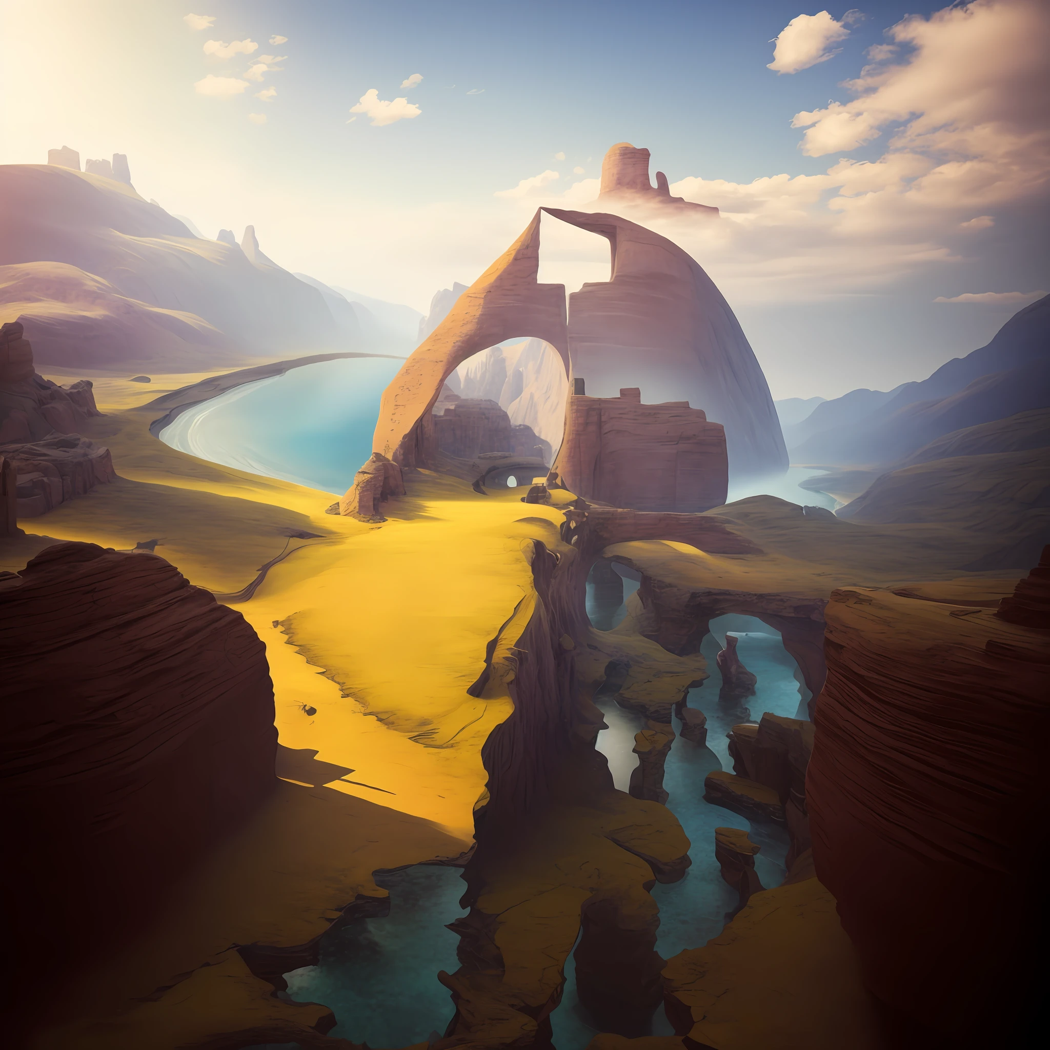 There is a path that passes through a barrier of rock formation, 3D render e pintura fosca, magic realism matte painting, illustration matte painting, Pintura fosca renderizada em 3D, Pintura fosca otimista, em pintura fosca, No estilo de arte de Filip Hodas, inspirado em Christo, pintura fosca surreal, Pintura fosca 3d, Pintura fosca 8K, Pintura fosca 8k