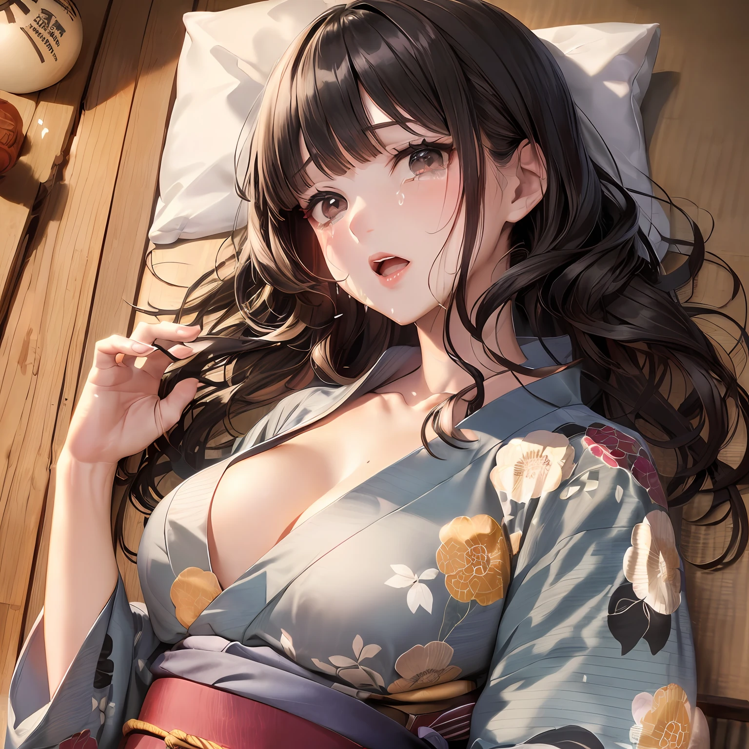 absurdist, (Masterpiece, Best Quality, high-resolution, ulta-detailded), (Detailed background), (Beautiful detailed face), High Contrast, (Best Illumination, extremelydelicateandbeautiful), ((Cinematic light)), Colorful, hyper detailed, Dramatic light, Intricate details, (1girls, Puffy lips, thoughtful face, (black long hair, layered bangs:1.2), Open mouth, crying, black eyes, smooth body, Soft skin, large breasts, perfect chest, Nice hands, Perfect hands), (yukata, japanese clothes:1.5), (lying on the floor:1.5), Japan