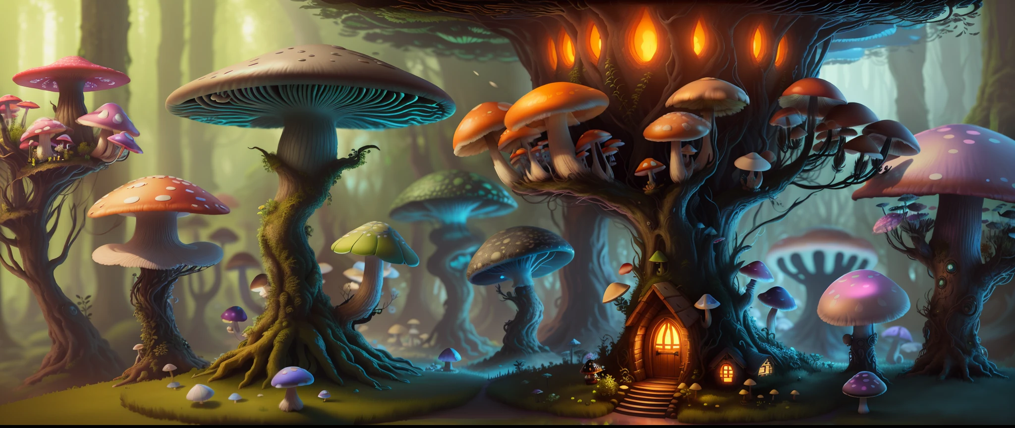 Close-up of a bunch of mushrooms in the forest, mushroom city, Mushroom forest, cyber mushroom city, mushroom house, forest made of mushrooms, mushroom trees, Stylized concept art, mushroom house, 3 d render stylized, Mushrooms are everywhere, Detailed digital 2D fantasy art, houses in the shape of mushrooms, magical fantasy 2 d concept art