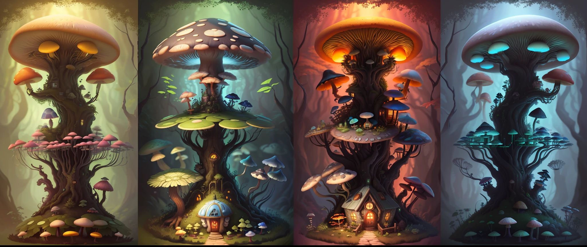 Close-up of a bunch of mushrooms in the forest, mushroom city, Mushroom forest, cyber mushroom city, mushroom house, forest made of mushrooms, mushroom trees, Stylized concept art, mushroom house, 3 d render stylized, Mushrooms are everywhere, Detailed digital 2D fantasy art, houses in the shape of mushrooms, magical fantasy 2 d concept art