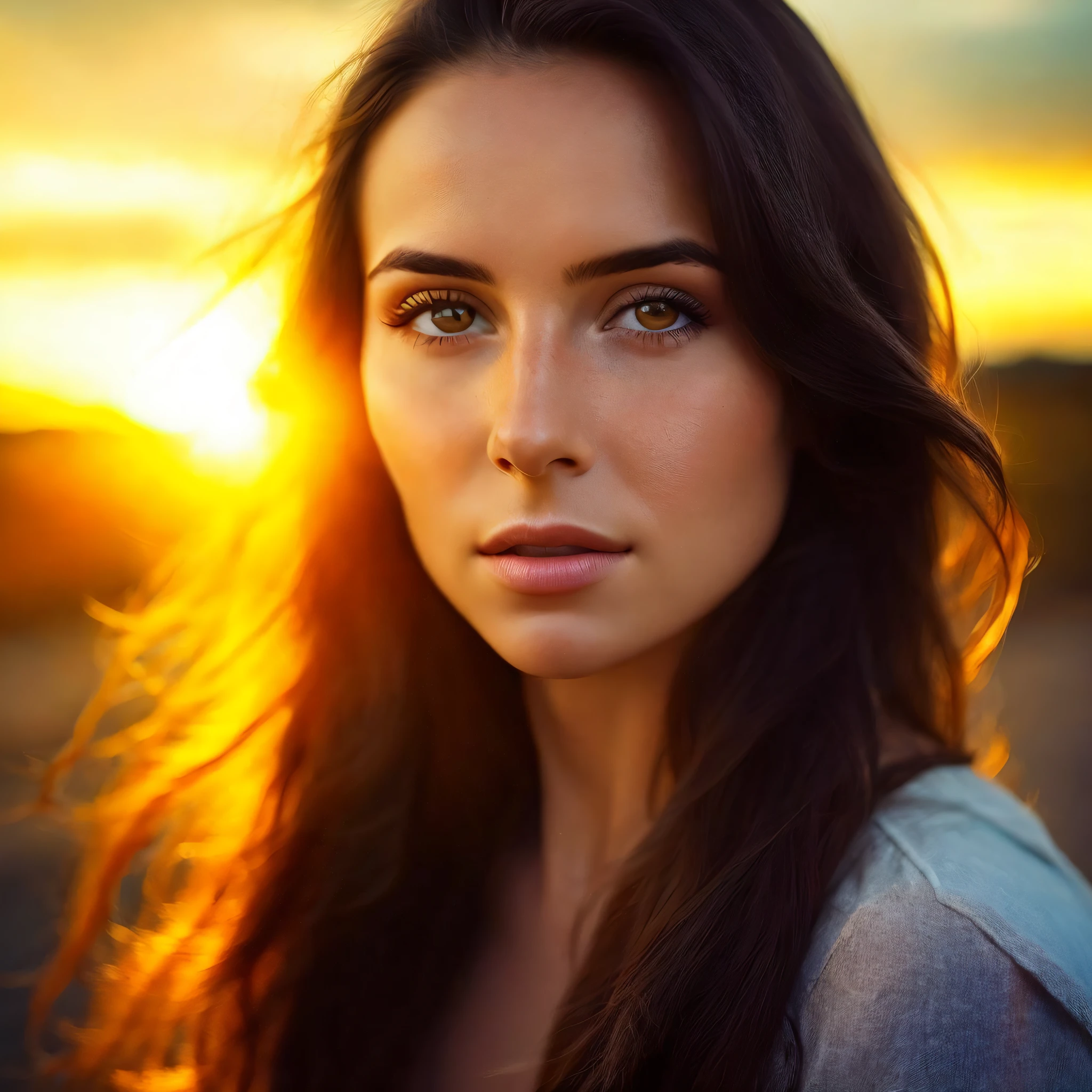 Una Mujer caucasica, blanca, estilo europea, with long dark brown hair and brown eyes looking at the camera, Hermoso rostro retroiluminado, Retrato retroiluminado, Retrato de 50 mm, Retrato de 60 mm, Retrato perfectamente centrado, Retrato impresionante, Mujer preciosa, 7 Retrato de 0 mm, cinematic portrayal, Retrato centrado en la cara, Retrato suave disparado 8K, beautiful portrait lighting, 50 mm lens photo portrait