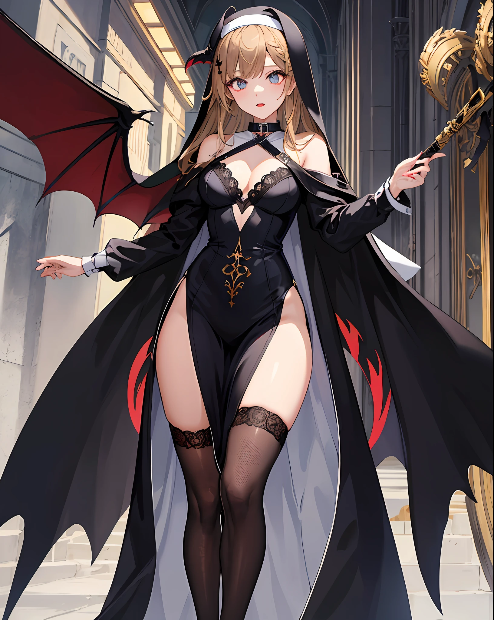 1girll，，Wings，
exteriors，the street，view over city，Demon tail，
Place your left hand on your chest，venom symbiote，venomize，natta，high-heels，Violet blue clothes，Black and white high heels，Pattern，decor，Golden hair，Brown hair，lewd nun，frilld，Lace trim，Clothing style, Clothing prints，Bangs trimmed，The wand rested between his thighs，Translucent skirt，standing on your feet，eyes glowing，Raised sexy，lipsticks，art-deco，Venom clothes，Cross stickers，Rune stockings，bunnygirl，With the holy sword，Collar，Insertion into the ，Cross leg ring，Blood，banknotes，Masturbation，Bow knot，drools，White liquid，tilt，Dream Demon Eye decoration