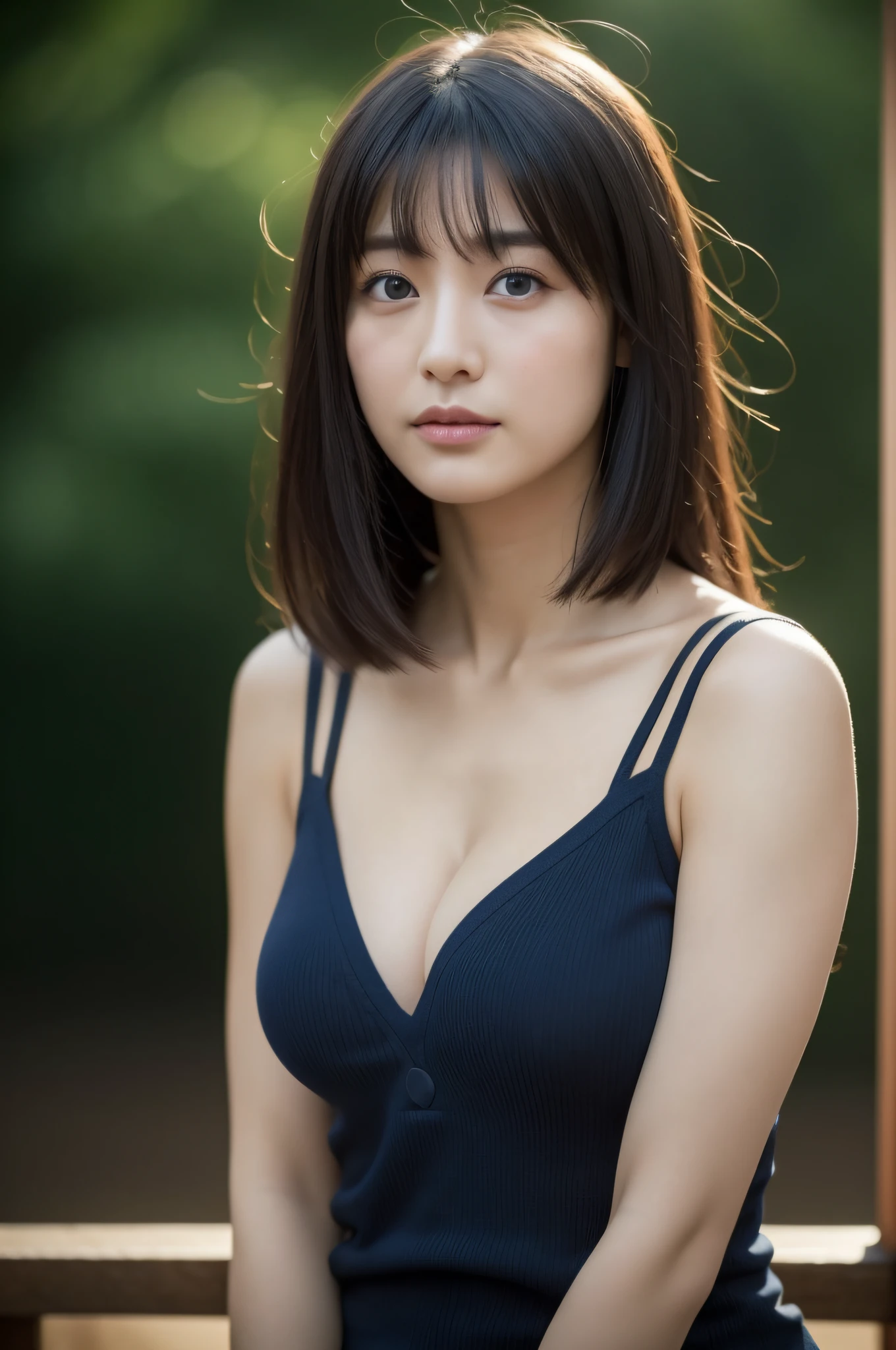 (top-quality、8k、masterpiece、UHD)、1girl in,Very beautiful 30 year old Japan woman、beautidful eyes、Functional、dark sky、cleavage of the breast、the wind、Basking in the morning sun、Model body type、Show armpits、Taut、The shirt、thighs thighs thighs thighs、Looking at the camera、Focus on the eyes、