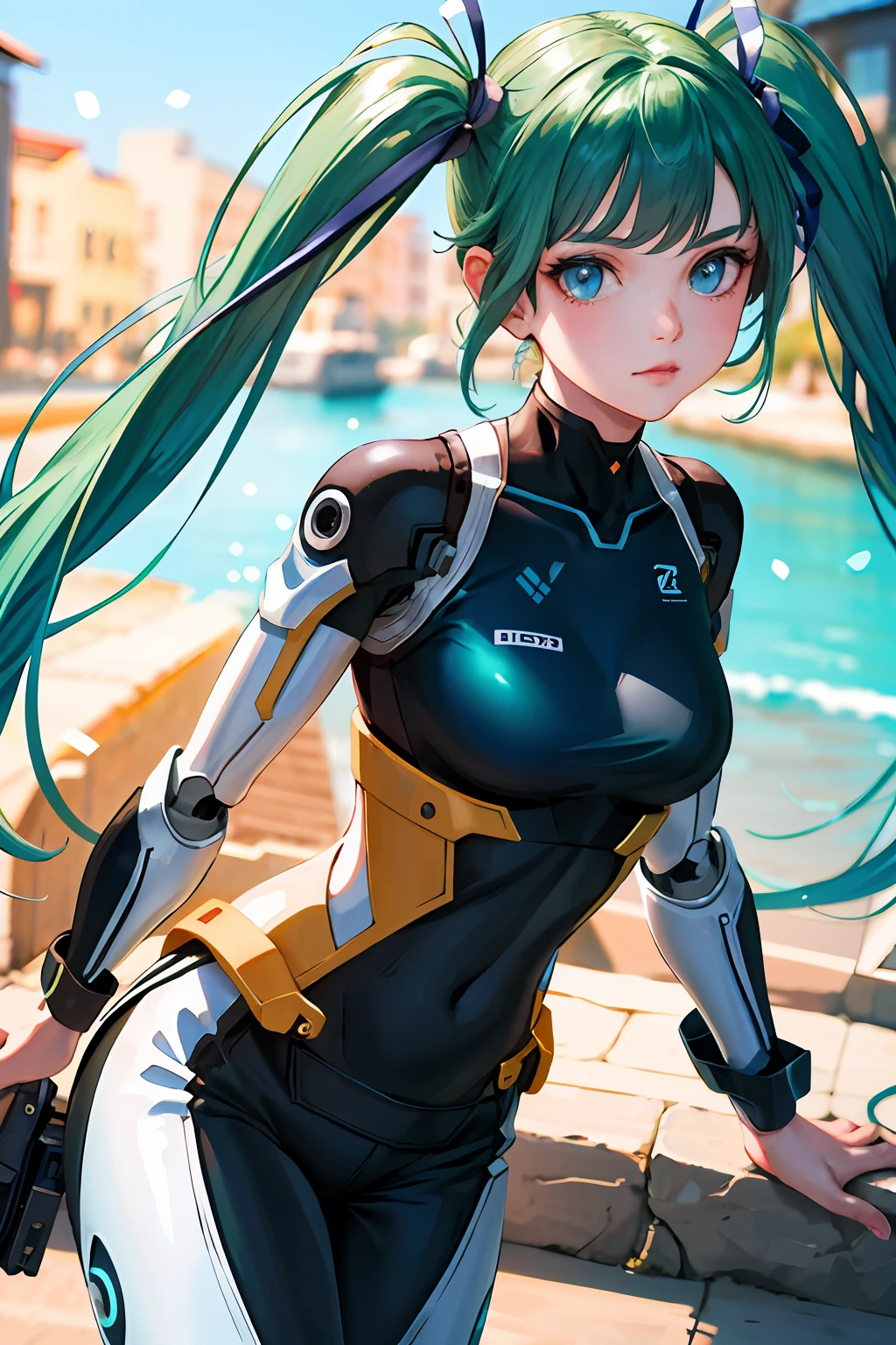 (highres, best quality:1.2), radiance, soft contours, beautiful drawing, 1girl, cowboy shot, (soft focus:1.5) on the Foreground, (Bokeh-filled Foreground:1.2), Shallow Depth of Field, Delicate Blur, Subtle Transitions, Depth and Atmosphere, masterpiece,ultra realistic,32k,extremely detailed CG unity 8k wallpaper, best quality, green twintails, big eyes, cosmic, white android, robot, neon, winter