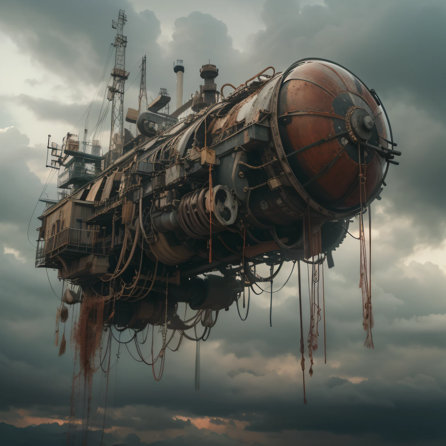 a heavily distorted, fading late morning heavily overcast sky, a singular object comprised of contorted feathers/machinery/pipes/rusted components is floating in the air, extra detail, 4kHD details, best resolution, surrealistic composition, extreme camera angle, motion blur, depth of field, foreshortening, tilted camera angle, cinematic lighting, movie scene, precise details, intense details