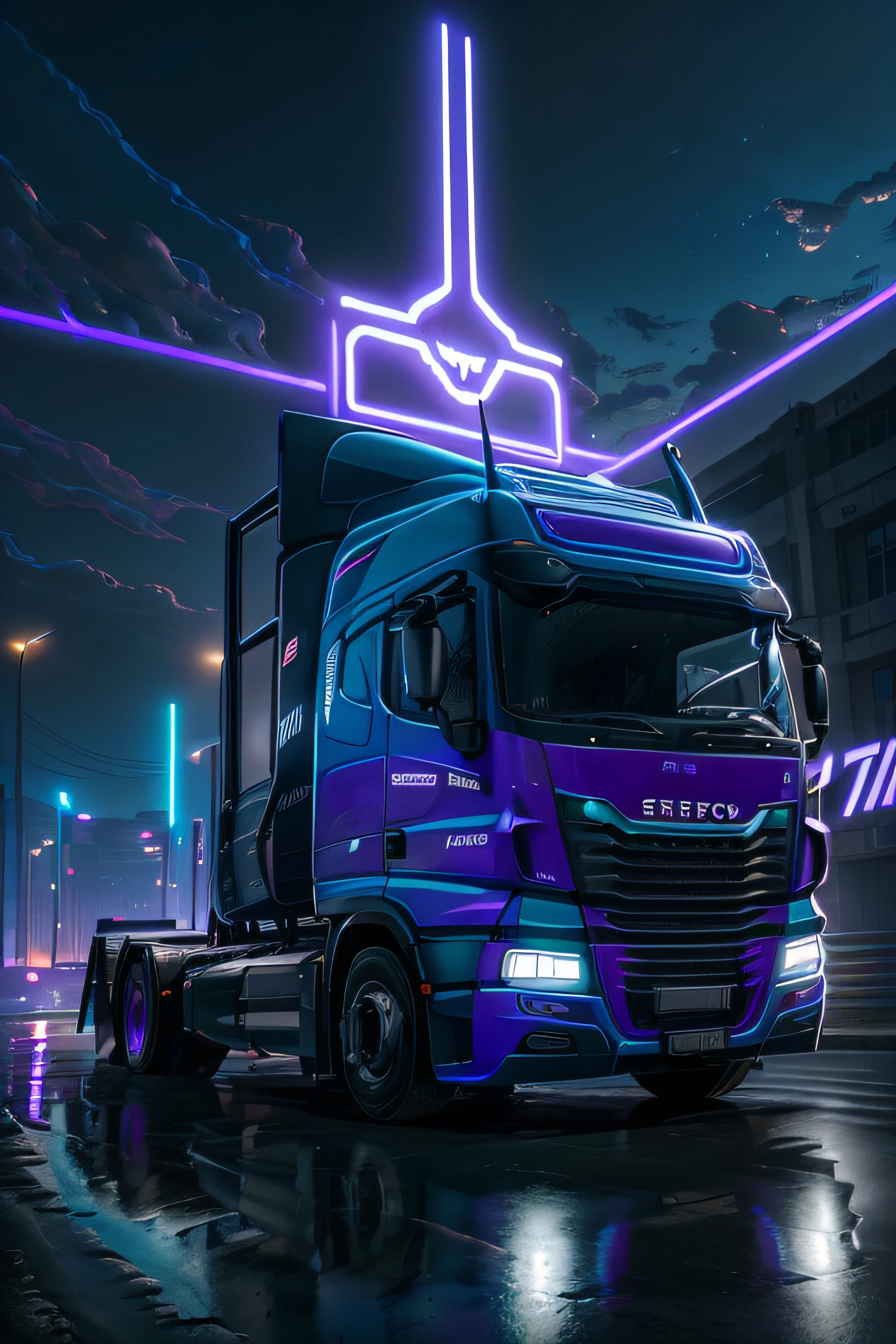 retroonda. Iveco Stralis 380 year 2008 pulling cart chest written on the TR BAU.MK ,na estrada estrada, purple neon lights, sol, montanha,
(obra-prima, detalhada, highres),