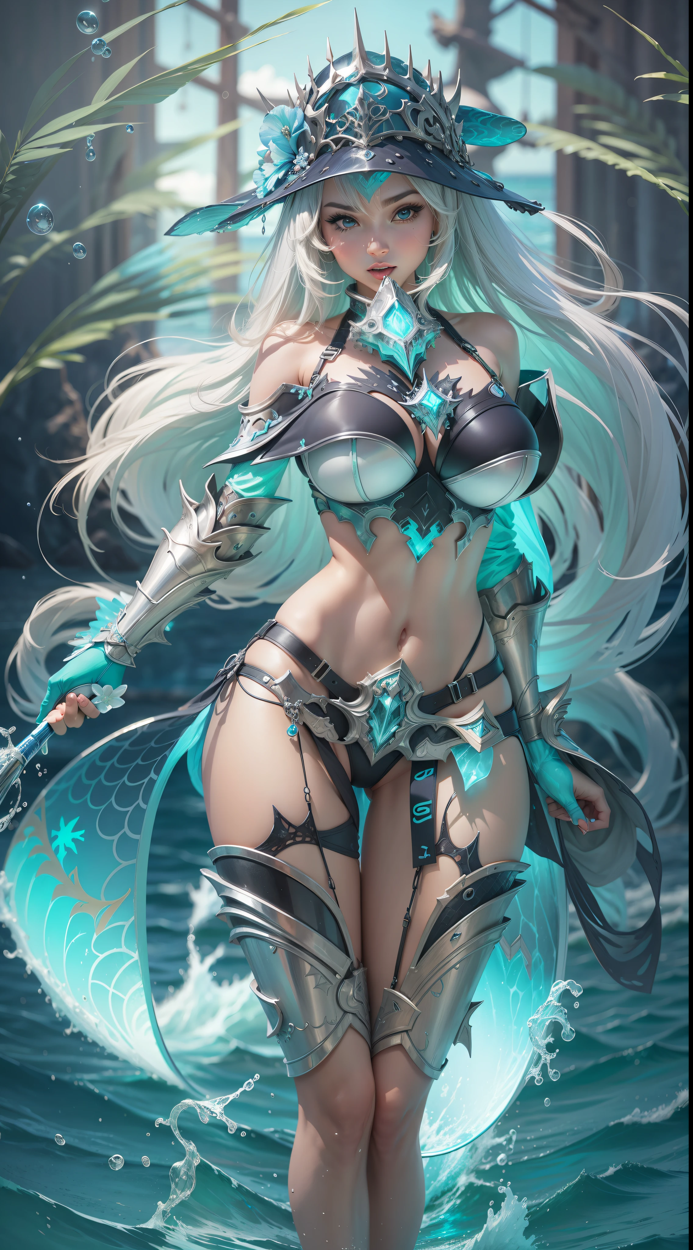 Hot Sexy girl wear Angler Bikini Armor with Ocean Aura, Full Body