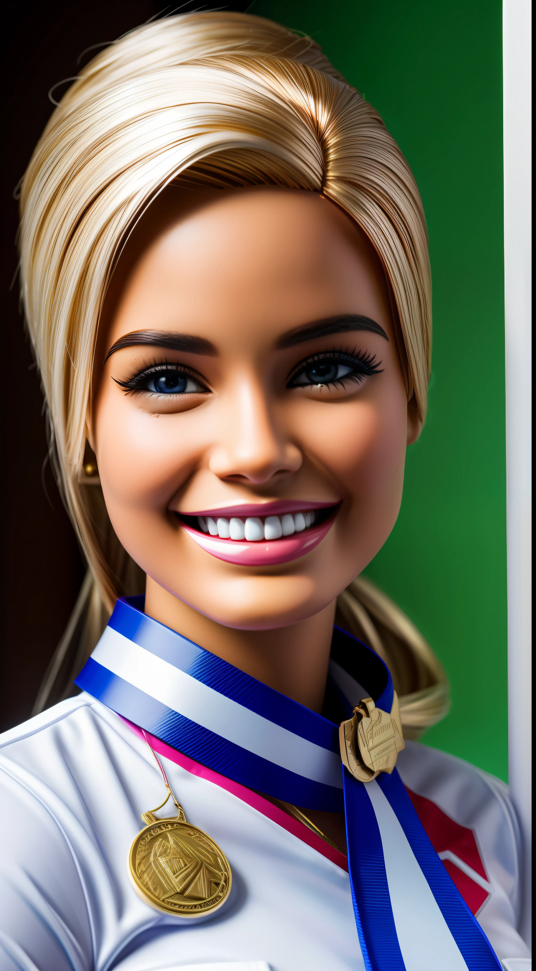 This Barbie is always smiling and carries a medal around her neck. Ela representa as mulheres resilientes e dedicada, motivados a superar desafios e atingir metas. She is a symbol of inspiration and self-confidence,fundo liso, Minimalista, Canon 50mm, realismo, HDR, 16k, 4:5, Ultrarrealismoo, human traits