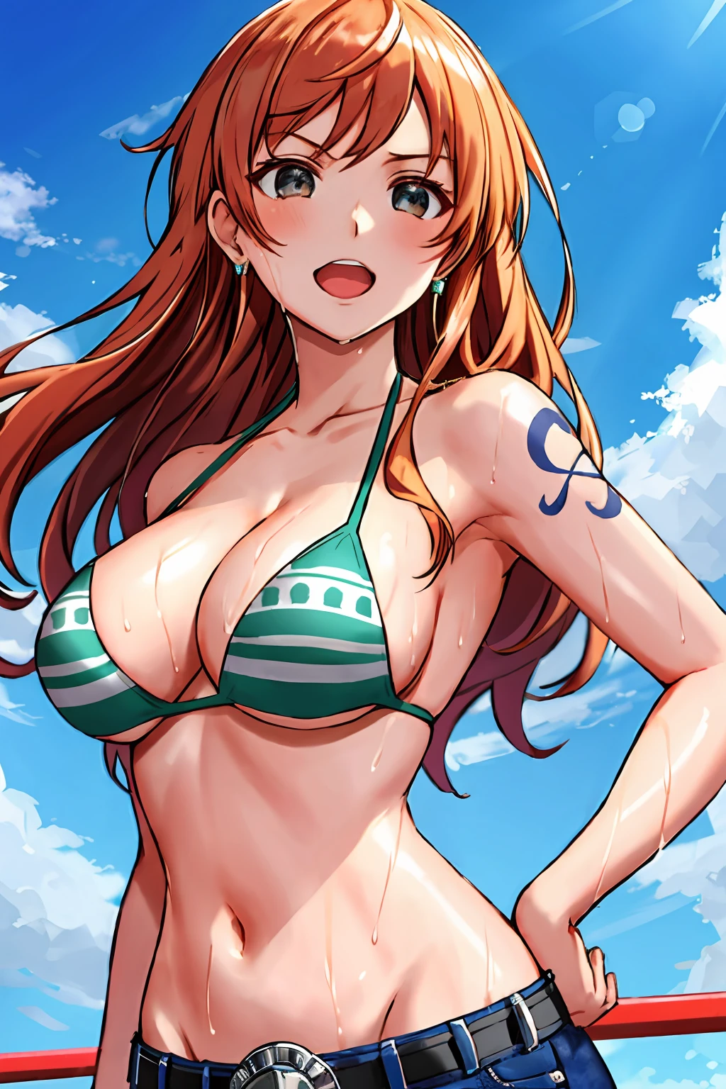 detailed background, masterpiece, 4k, epic, best quality, late youth, adult, wrestler body, wrestling, 1girl, active, energic, (large mouth) , solo, nami \(one piece\), 1girl, bangle, (very wet, yawning, drenched in sweat, sweat all over body, very wet hair, messy hair, tired, open mouth, exhausted, shouting, sweaty face, sweaty body, feeling hot, sweating too much, blushing, tilting head, shiny sweat, leaning, hands on hips, serious, glaring, open eyes, looking uo, perfect detailed face, round face, sweat on face) bold drawing lines, muscular arms, detailed bold arm lines, flat jaw, adult woman, wavy wide streaked bangs, floating bang, (big cheeks), bare shoulders, off-shoulders, belt, bikini, bikini top only, blue sky, bracelet, springy breasts, breast lines, big round eyes, very big brown shiny eyes, bubbles, high eye position, cleavage, cloud, day, denim, earrings, floating hair, shiny hair, green belt, green bikini, bold groin lines, jeans, jewelry, medium breasts, log pose, long hair, looking at viewer, big navel, wet hair, orange hair, pants, shoulder tattoo, sidelocks, sky, solo, standing, stomach, swimsuit, tattoo , looking at viewer, open mouth, detailed left arm, big forehead, hourglass figure, small head, toned body, wide hair, wind effect, sun effect, under the sun, narrow small ears angle, older, random poses,