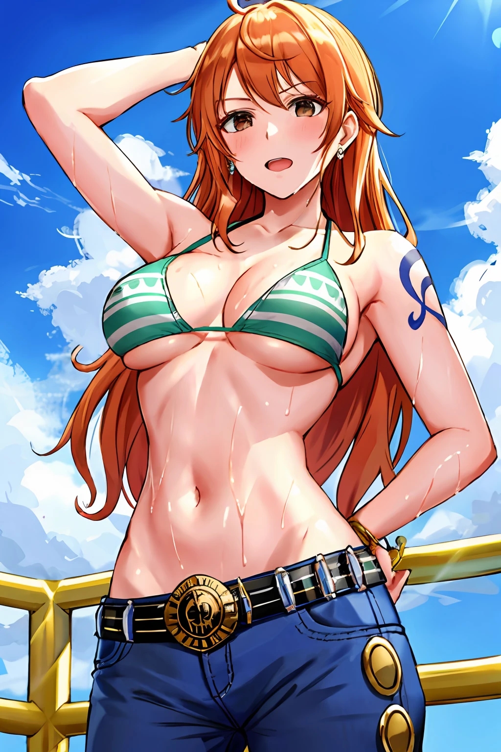 detailed background, masterpiece, 4k, epic, best quality, late youth, adult, wrestler body, wrestling, 1girl, active, energic, (large mouth) , solo, nami \(one piece\), 1girl, bangle, (very wet, yawning, drenched in sweat, sweat all over body, very wet hair, messy hair, tired, open mouth, exhausted, shouting, sweaty face, sweaty body, feeling hot, sweating too much, blushing, tilting head, shiny sweat, leaning, hands on hips, serious, glaring, open eyes, looking uo, perfect detailed face, round face, sweat on face) bold drawing lines, muscular arms, detailed bold arm lines, flat jaw, adult woman, wavy wide streaked bangs, floating bang, (big cheeks), bare shoulders, off-shoulders, belt, bikini, bikini top only, blue sky, bracelet, springy breasts, breast lines, big round eyes, very big brown shiny eyes, bubbles, high eye position, cleavage, cloud, day, denim, earrings, floating hair, shiny hair, green belt, green bikini, bold groin lines, jeans, jewelry, medium breasts, log pose, long hair, looking at viewer, big navel, wet hair, orange hair, pants, shoulder tattoo, sidelocks, sky, solo, standing, stomach, swimsuit, tattoo , looking at viewer, open mouth, detailed left arm, big forehead, hourglass figure, small head, toned body, wide hair, wind effect, sun effect, under the sun, narrow small ears angle, older, random poses,