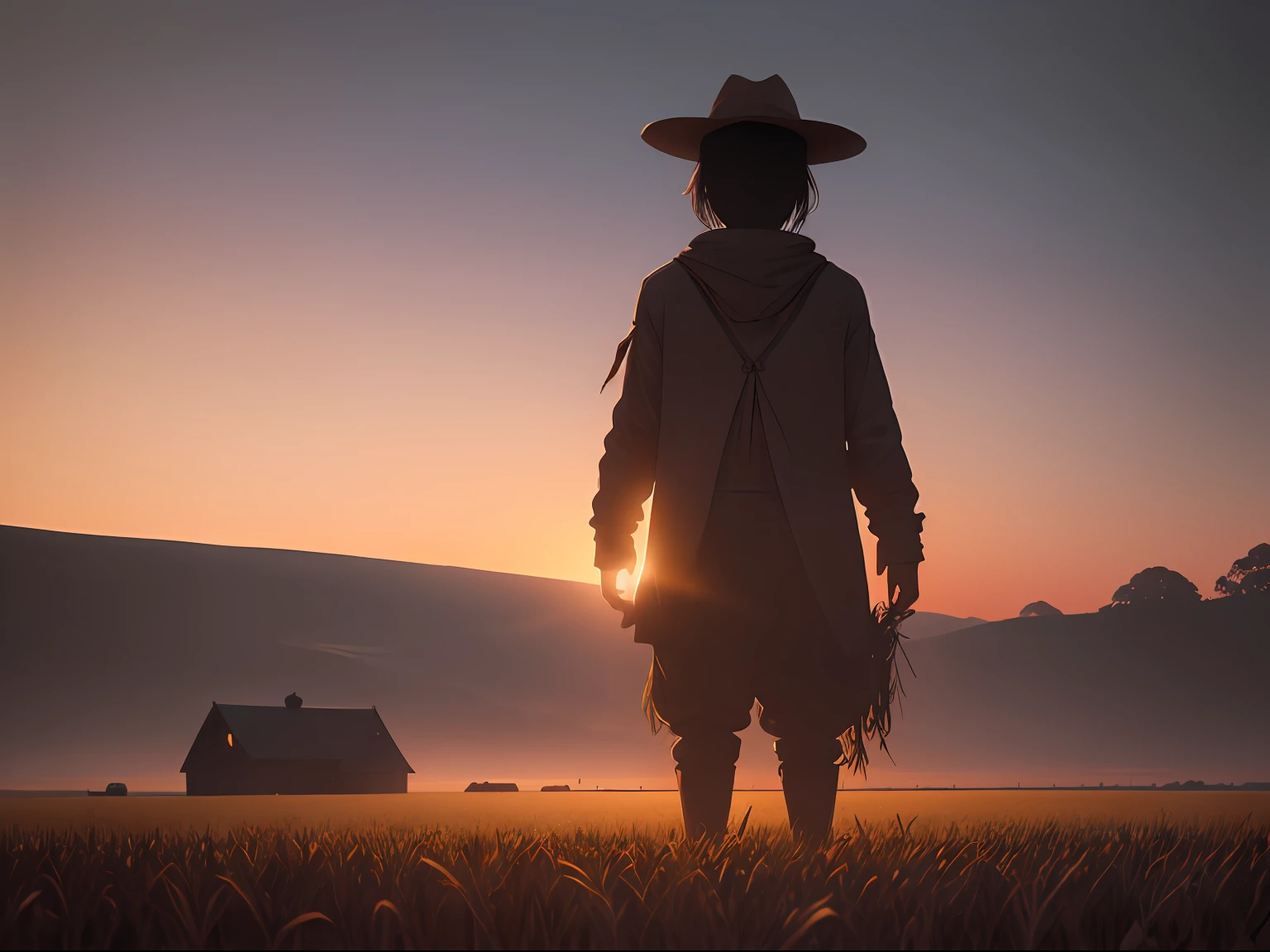 A remote farm, scarecrow standing tall in the cornfield, in darkness of the night --auto