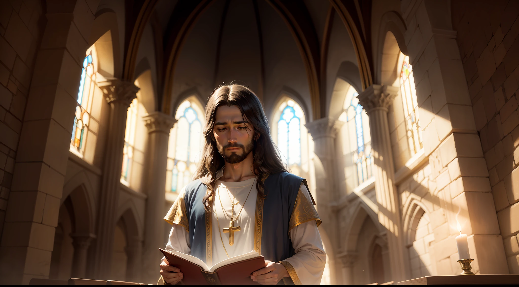 "An impressive and detailed representation of Jesus Christ reading the Bible, with a realistic style and celestial lighting that highlights your radiant face. The scene is full of peace and serenity, with warm and soft colors. El entorno muestra una iglesia antigua con vitrales coloridos y bancos de madera tallada. Light penetrates through windows, creando hermosos juegos de luces y sombras en el ambiente sagrado."