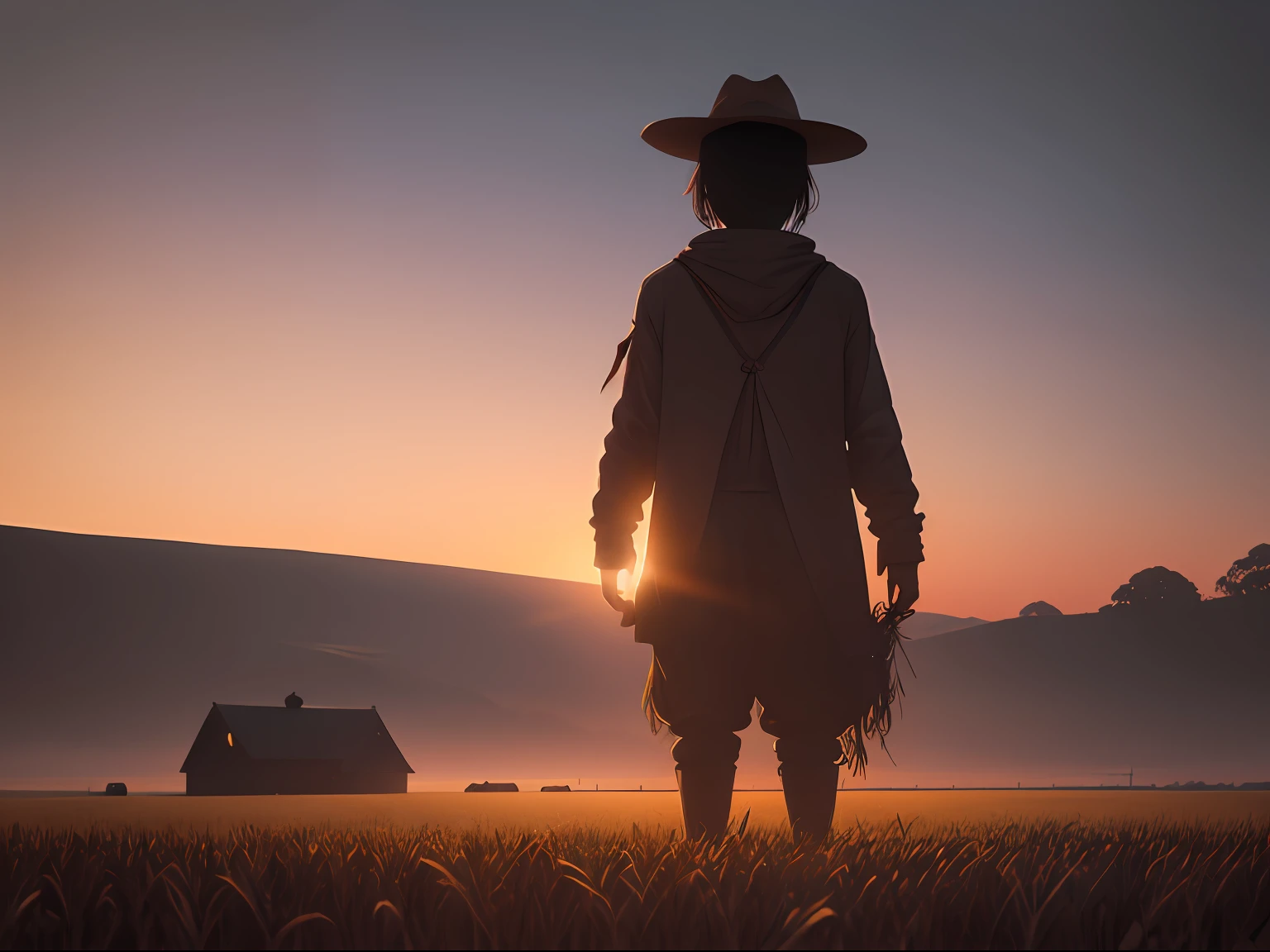 A remote farm, scarecrow standing tall in the cornfield, in darkness of the night --auto