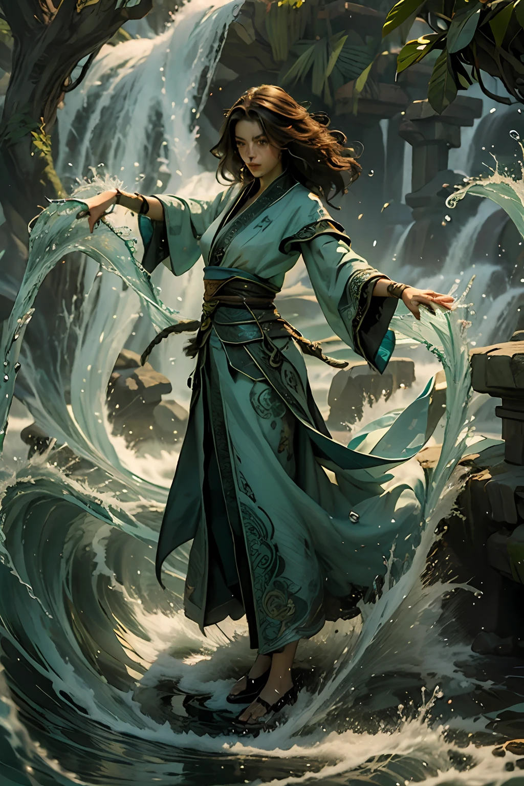 Best quality, masterpiece, super high resolution, jade water tree, 1 boy, solo, brunette hair, water, waves, lips, full body,