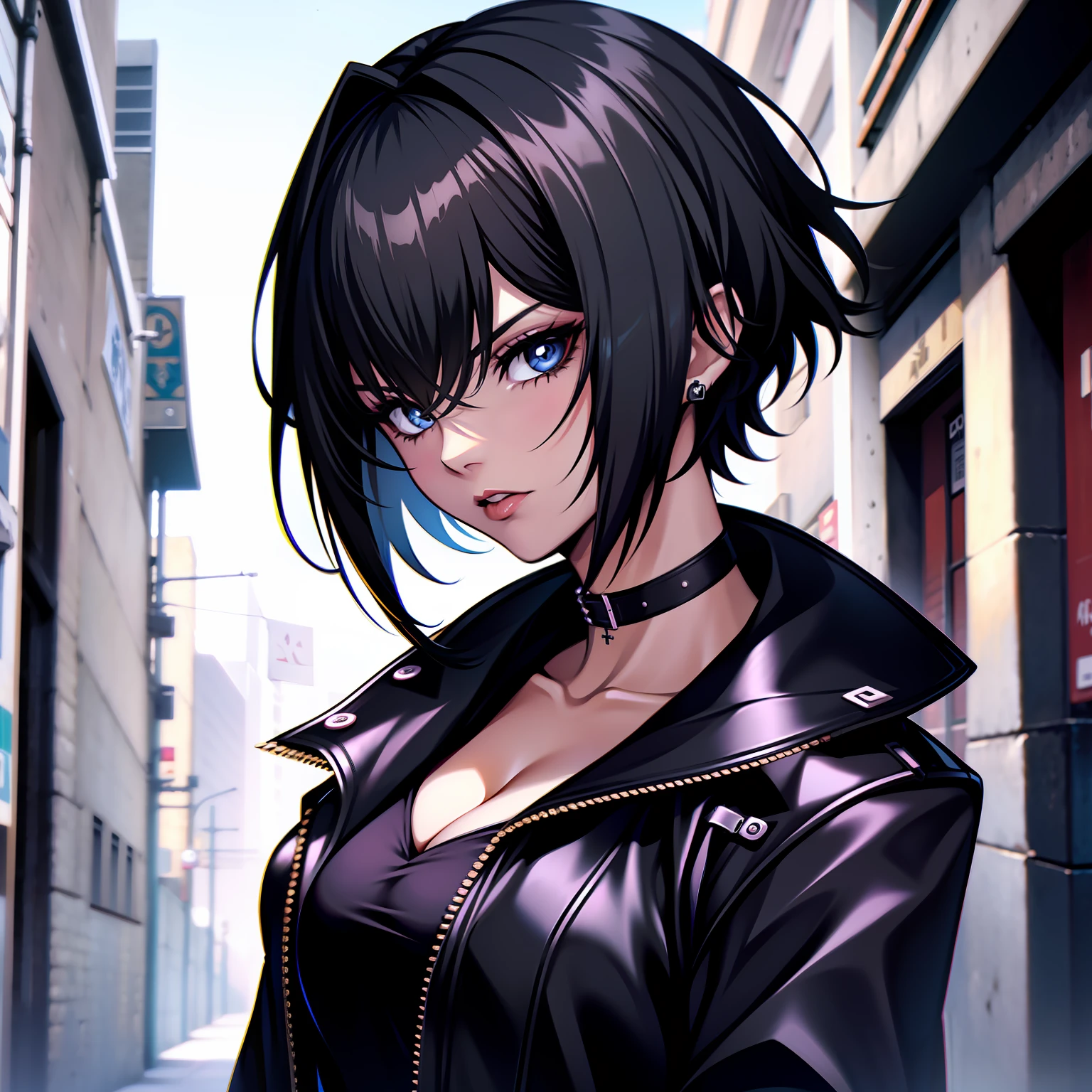 goth girl, na rua, short hair, cabelos pretos, roupas curtas, jaqueta de letra preta, olhando o espectador, 4k