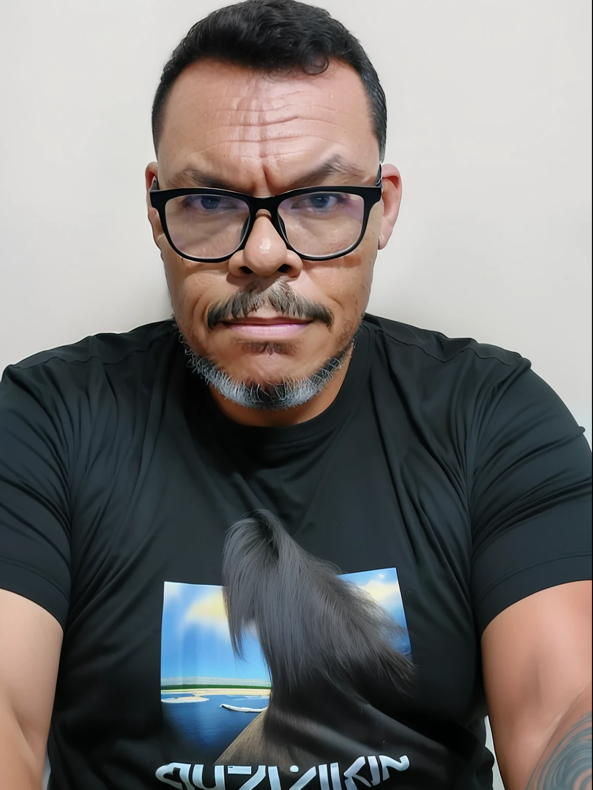 guttonervision8, retrato de um homem de oculos, ((hyper realistic hair)), extreme quality, ultra detailed skin, olhos castanhos brilhantes, jaqueta de couri preta, camiseta branca, (hyperrealismo: 1.2), (fotorrealismo: 1.2) e (8K UHD: 1.2).