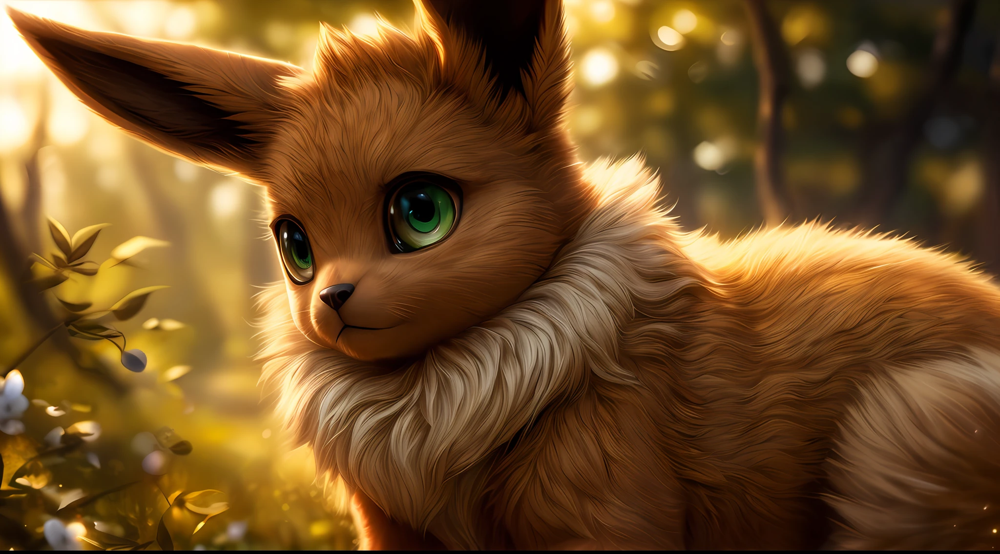 Solo ((feral eevee)) with ((Golden body)) and (white neck tuft) and ((Fluffy tail)) and ((clear green eyes)), (Detailed wild golden Eve), (Detailed lighting), (Delicate golden fur), Break, (Cinematic lighting), ((Detailed background)), ((Depth of field)), (half body shadow), ((Sunlight)), Break, ((Intricate, High detail, Film photography, Sharp focus, RAW candid cinema, Realistic, Photorealistic, analogue style, Subsurface scattering, Masterpiece, Best quality, Ultra photo realsisim, 8K))，Beautiful girl